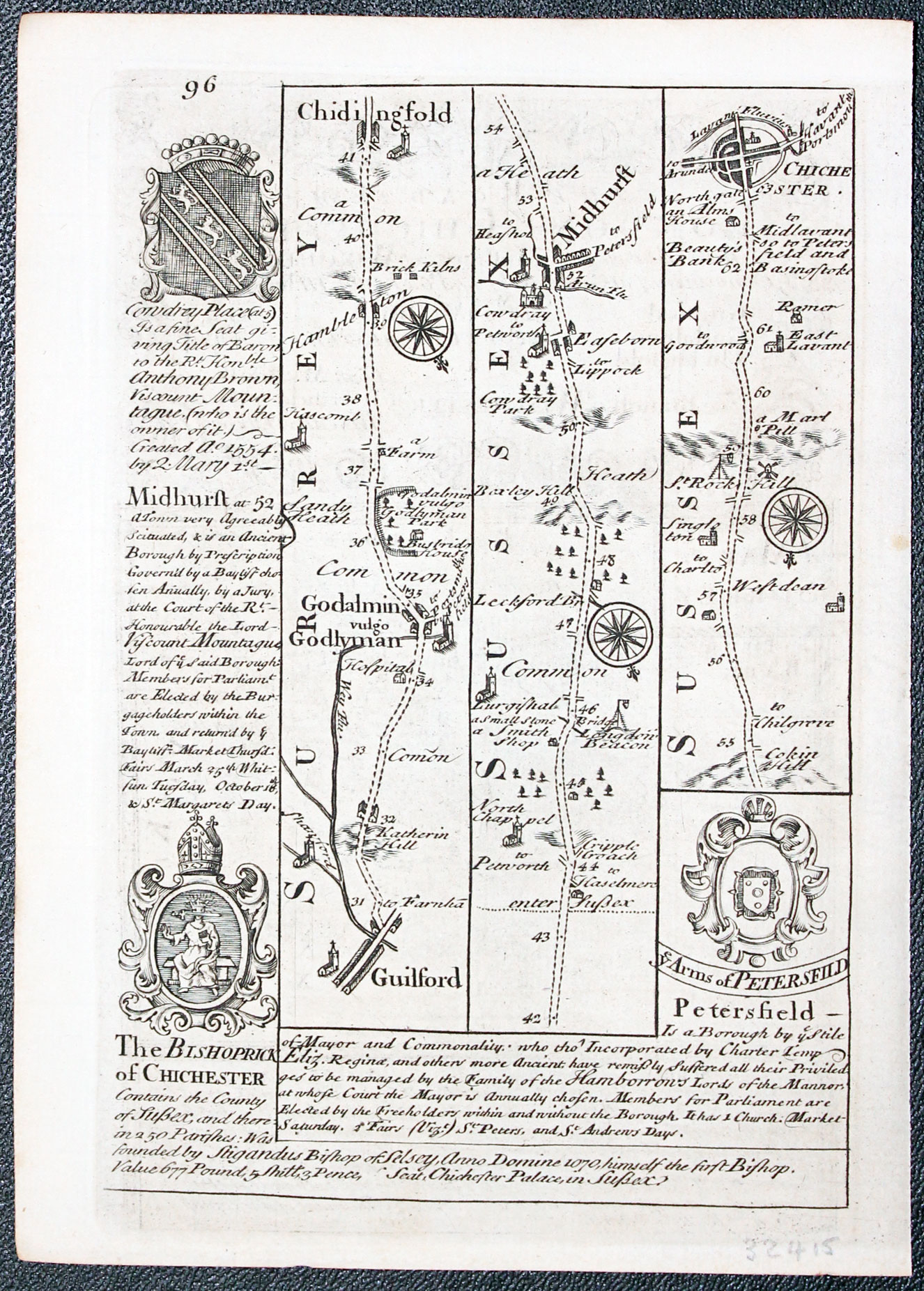 Road map Guildford to Chichester by John Owen and Emanuel Bowen 1753  Road map Guildford to Chichester by John Owen and Emanuel Bowen 1753