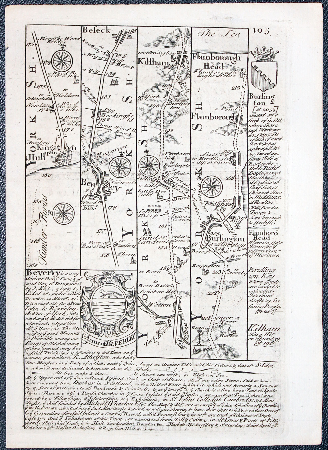 Road map Hull to Flamborough Head in Yorkshire by John Owen and Emanuel Bowen 1753