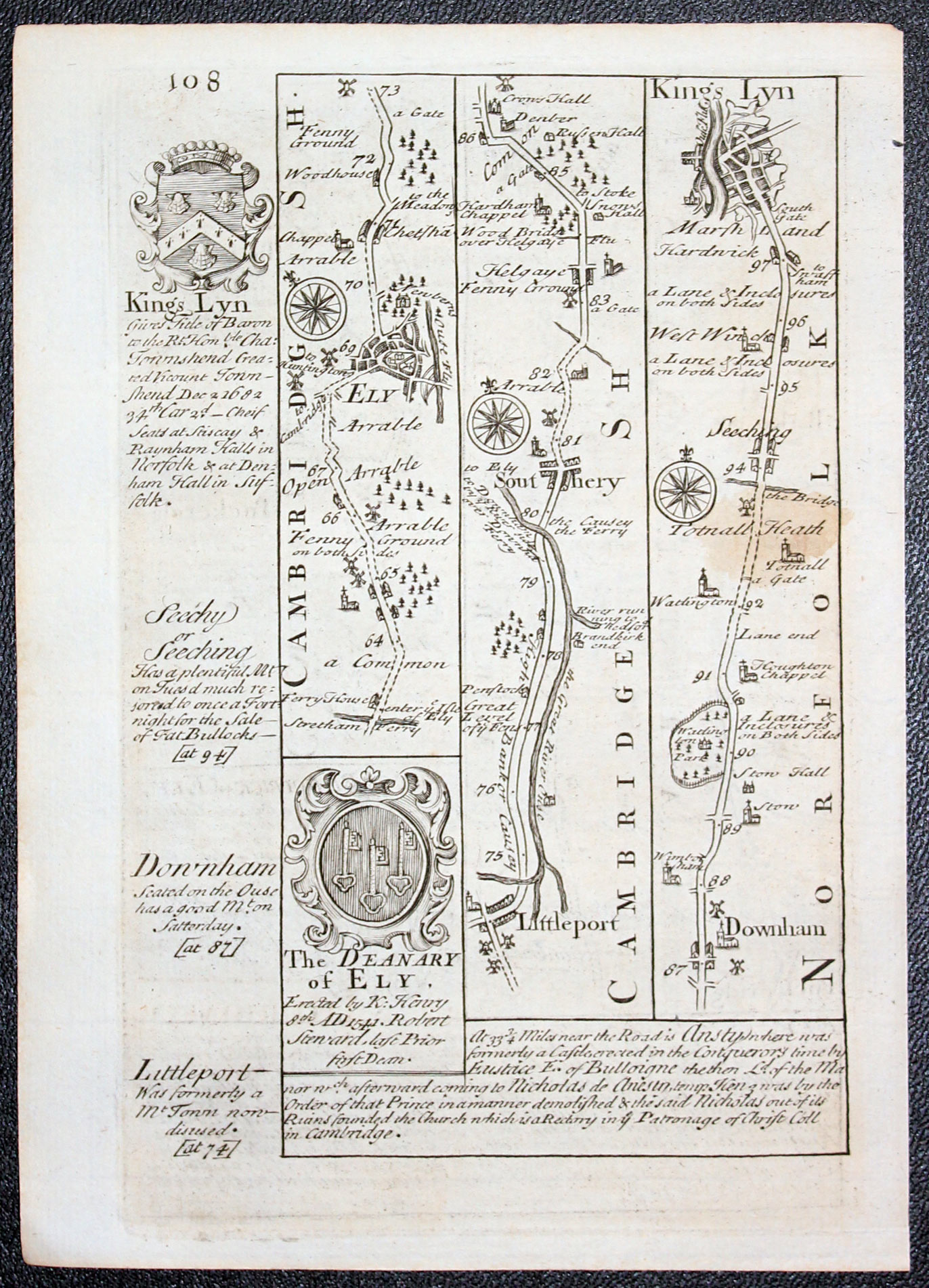Road map Tamesford to Peterborough. Owen/Bowen c.1730