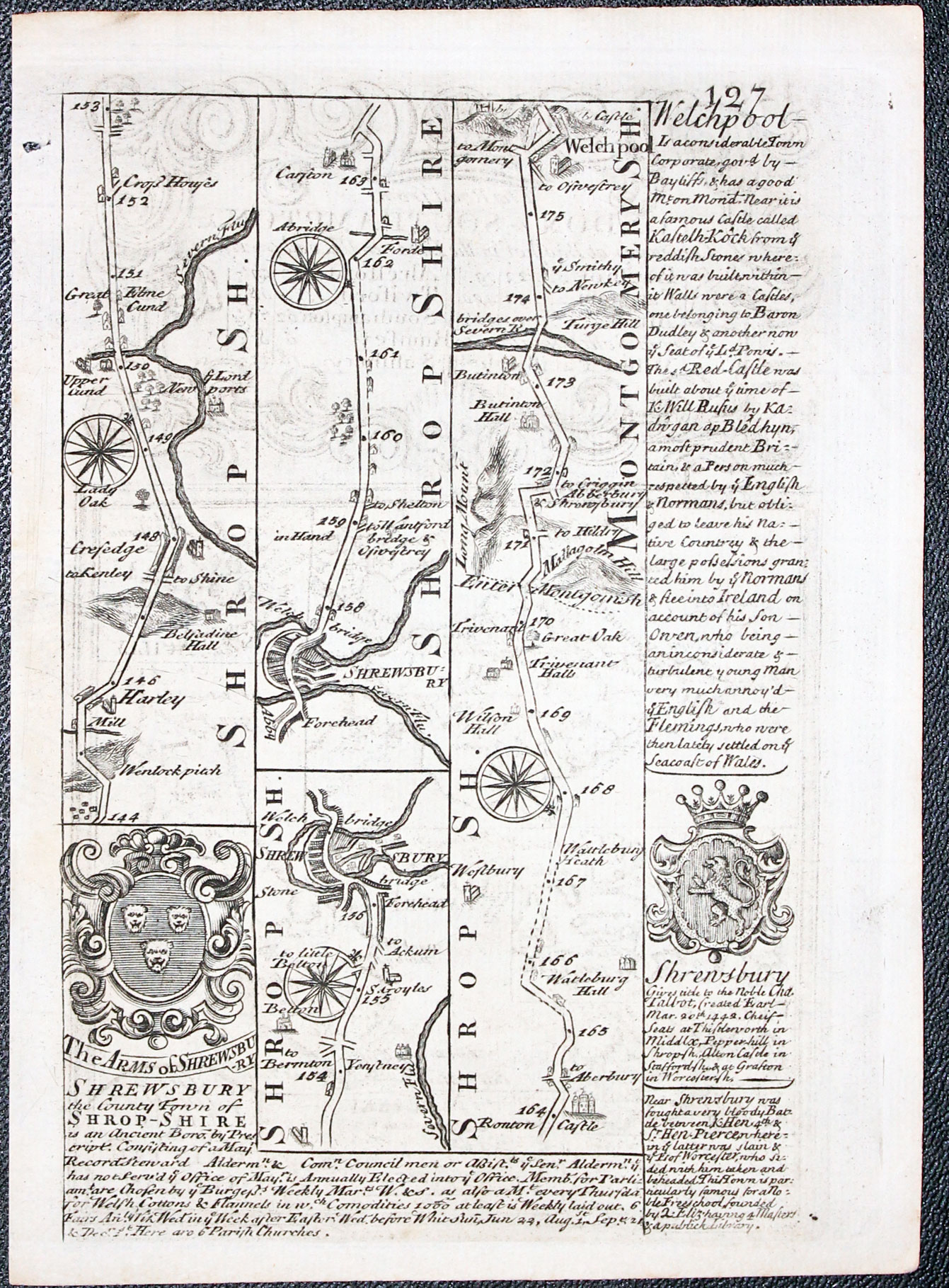 Road map from Shrewsbury to Welshpool by John Owen and Emanuel Bowen 1754  Road map from Shrewsbury to Welshpool by John Owen and Emanuel Bowen 1754