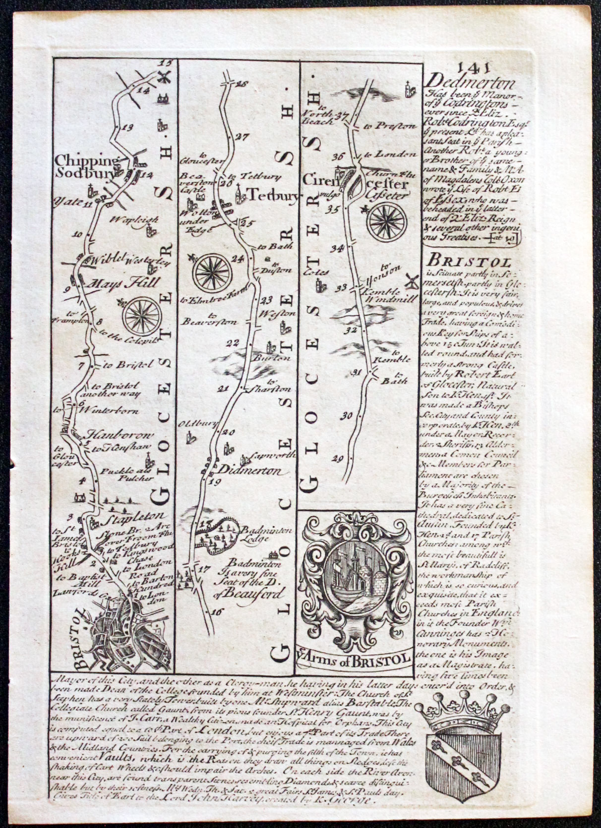 Road map Bristol to to Cirencester by John Owen and Emanuel Bowen, 1753