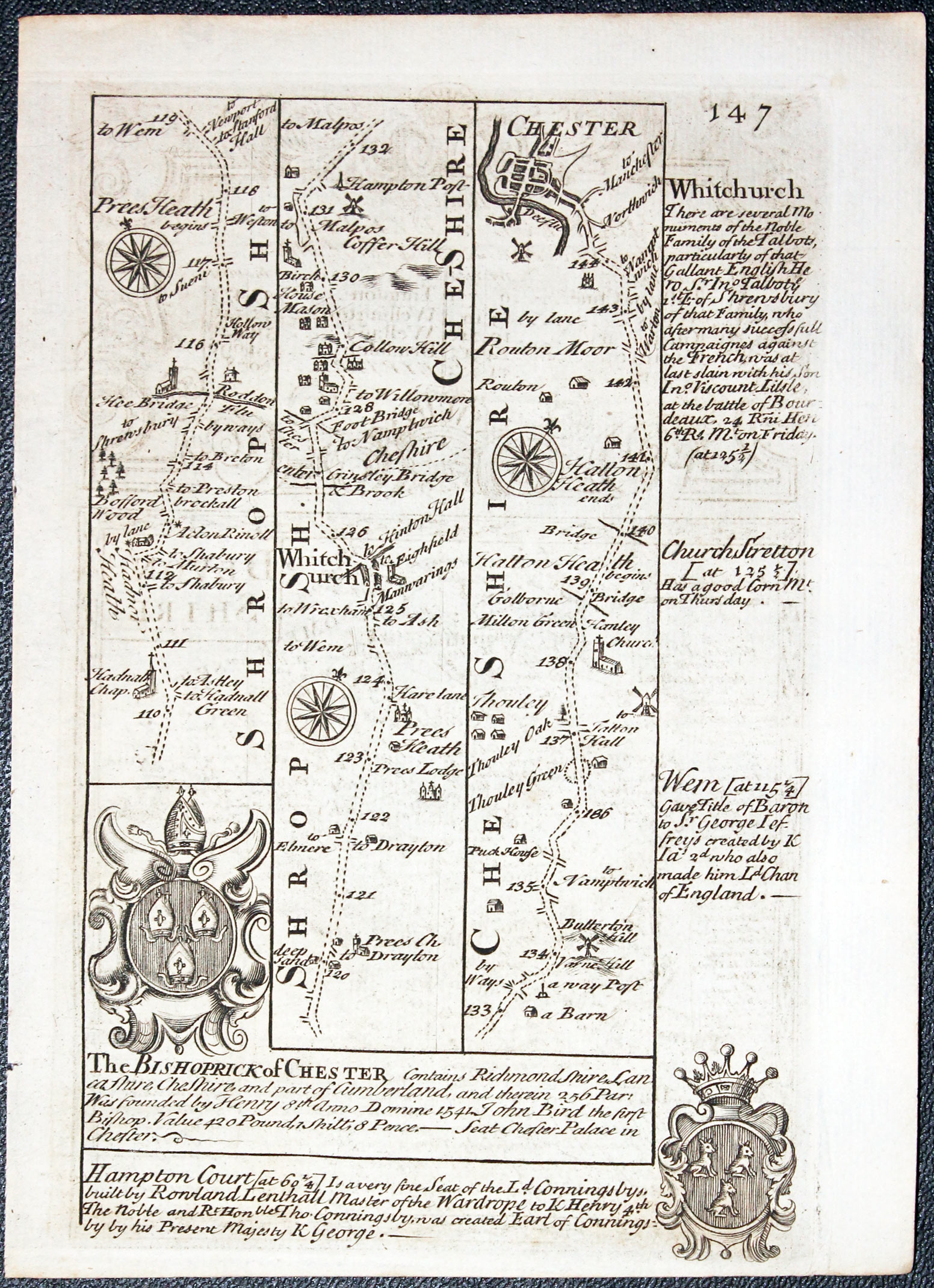 Road map from Whitchurch to Chester by John Owen and Emanuel Bowen published in 1753