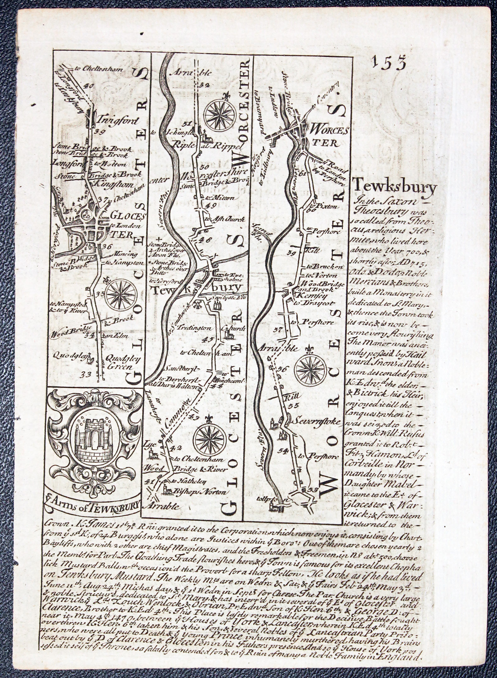 Road map from Gloucester to Worcester by John Owen and Emanuel Bowen published in 1753
