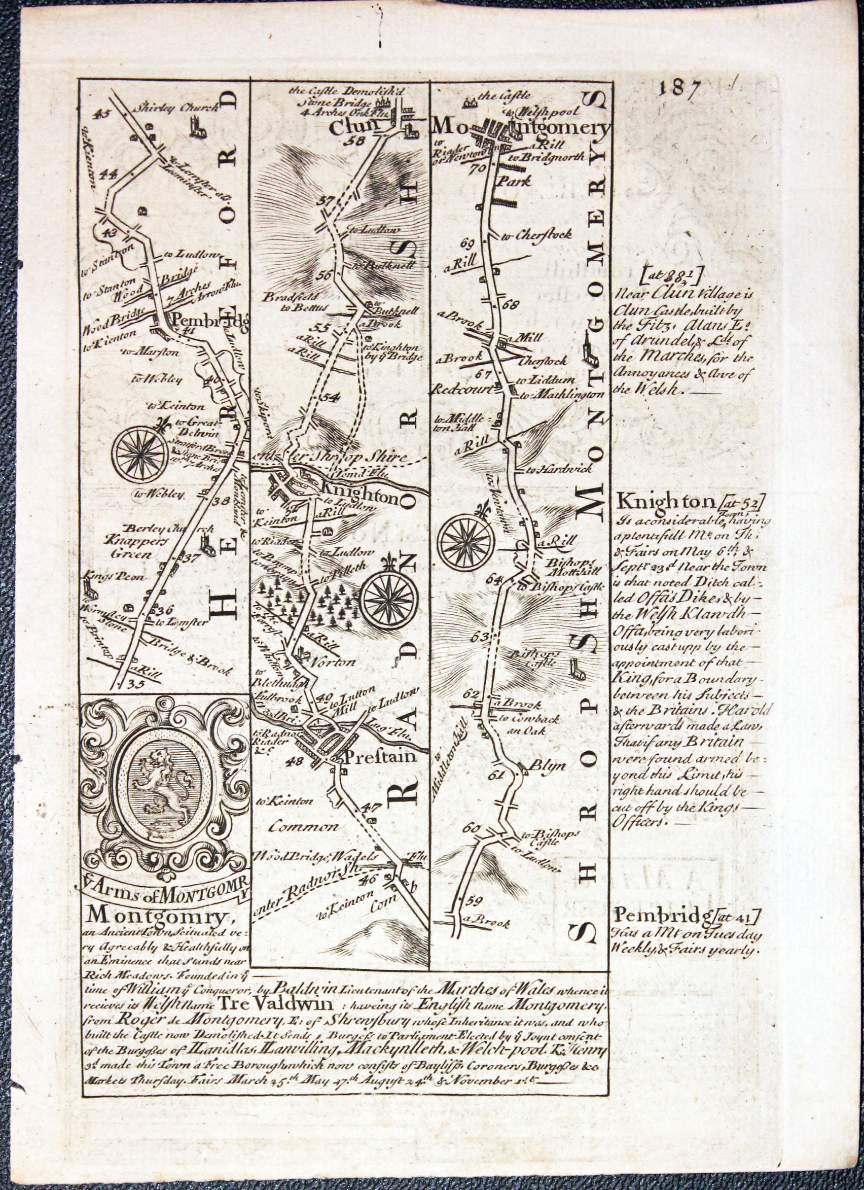 Road map from Pembridge to Mongomry by John Owen and Emanuel Bowen, 1753  Road map from Pembridge to Mongomry by John Owen and Emanuel Bowen, 1753