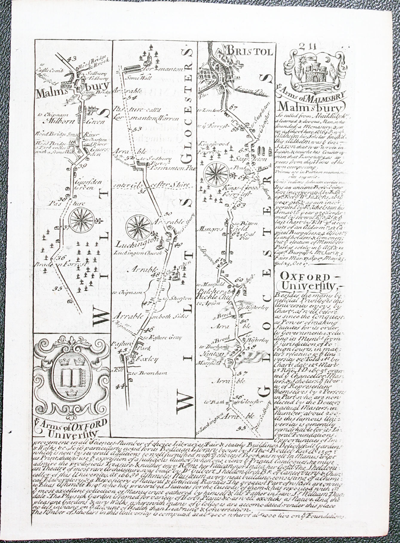 Road maps Malmsbury, Luckington, Bristol, John Owen and Emanuel Bowen 1753