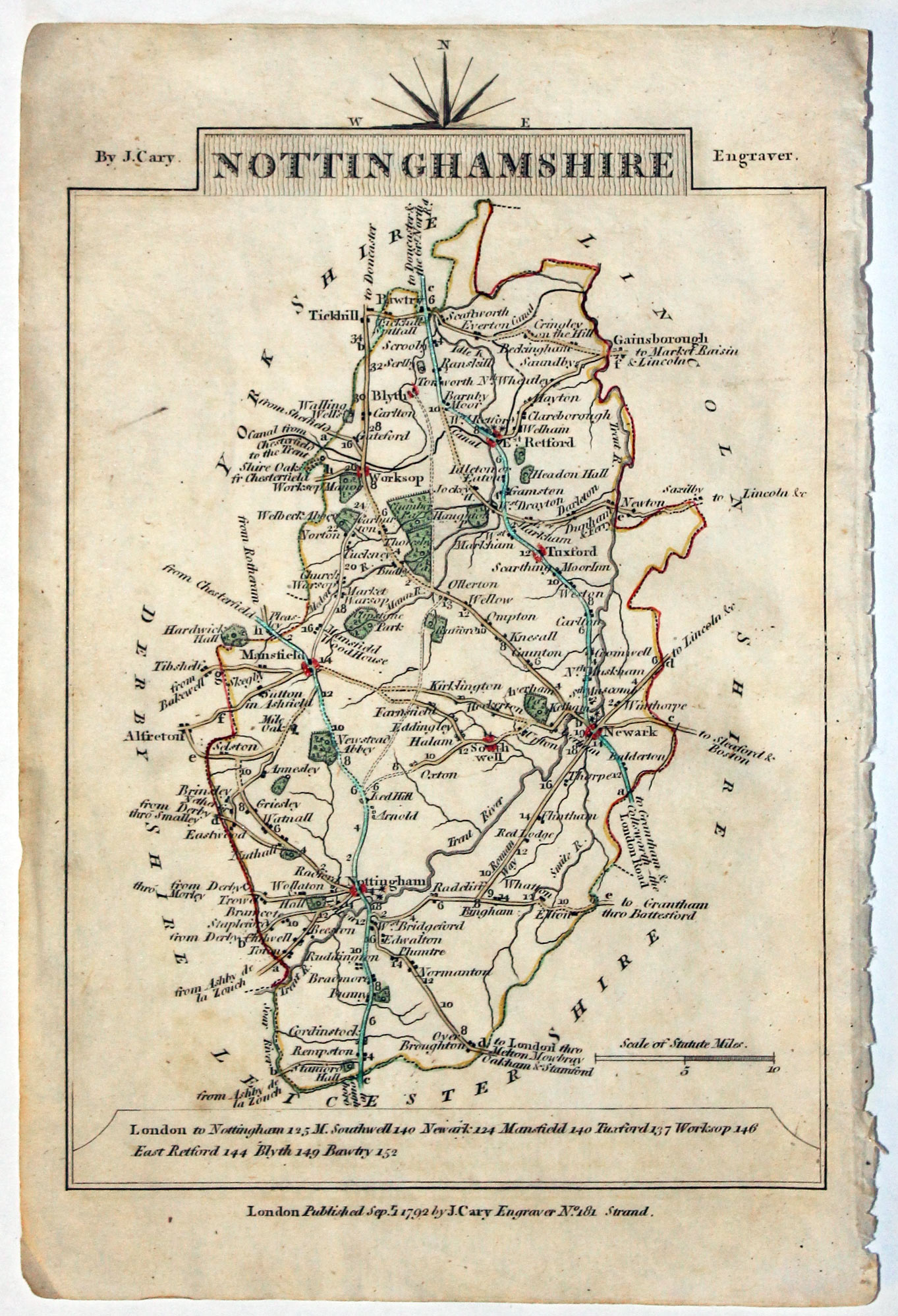 Map of Nottinghamshire, John Cary, 1792