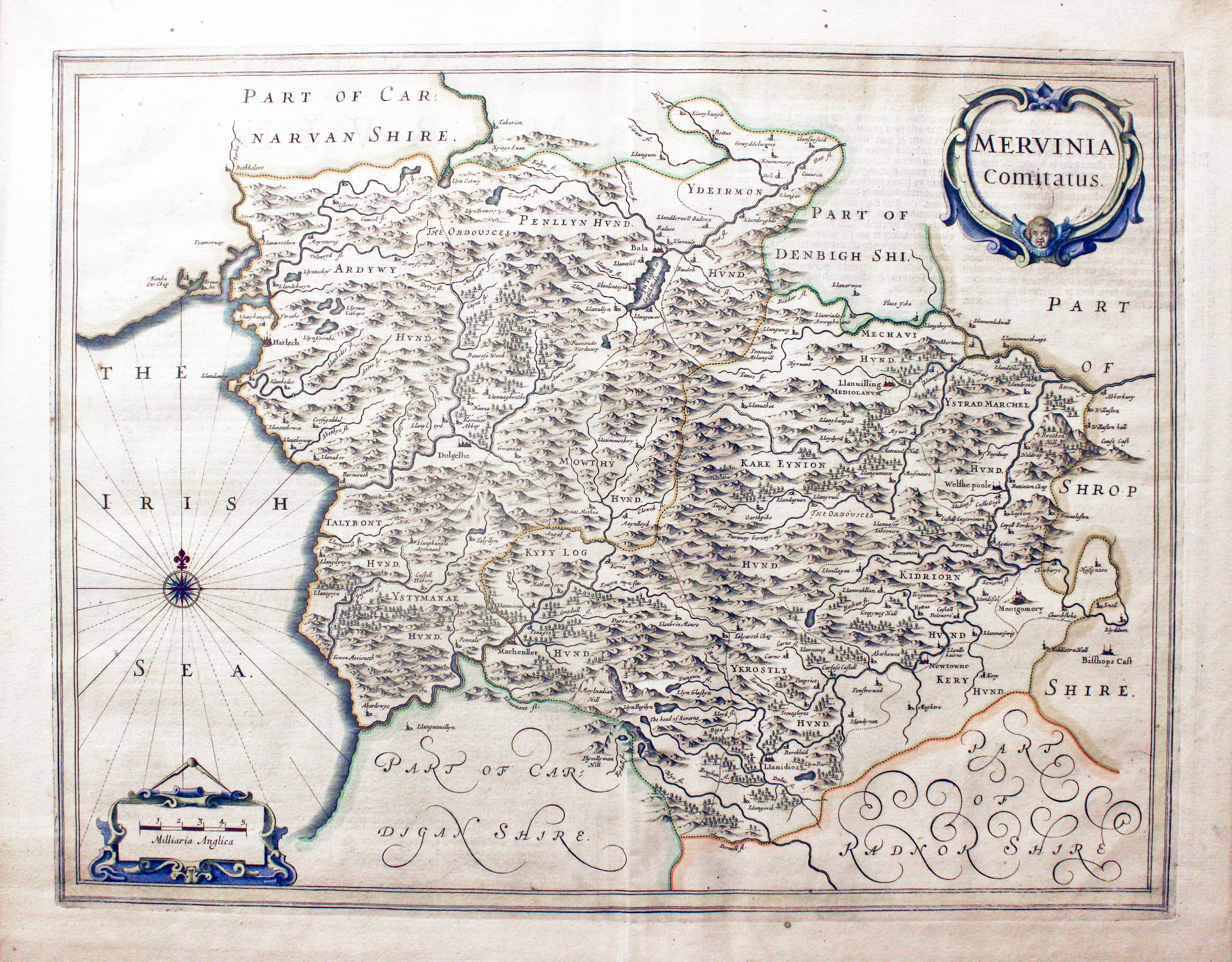 Merionethshire by Jan Jansson, early state published in 1649 