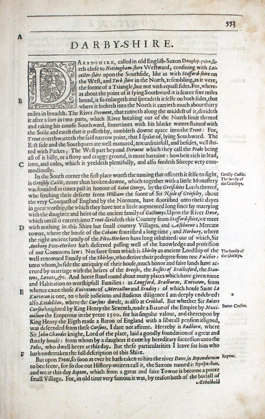 Derbyshire text from Camden's Britannia by  William Camden 1637 