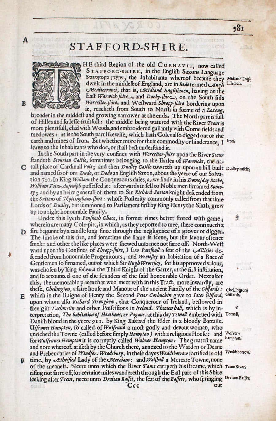 Staffordshire text from Camden's Britannia by  William Camden 1637 