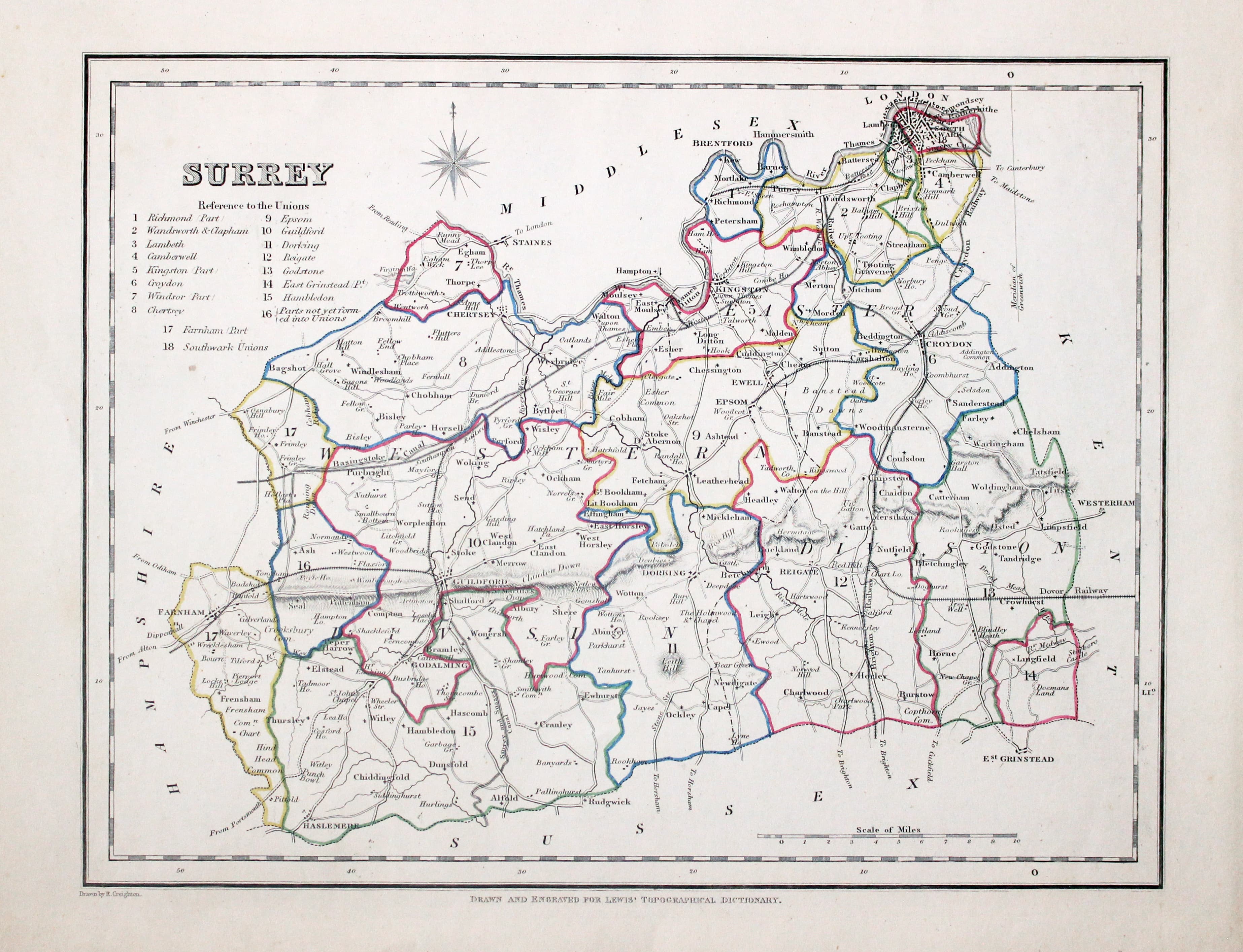 Map of Surrey by Samuel Lewis 1848  Map of Surrey by Samuel Lewis 1848