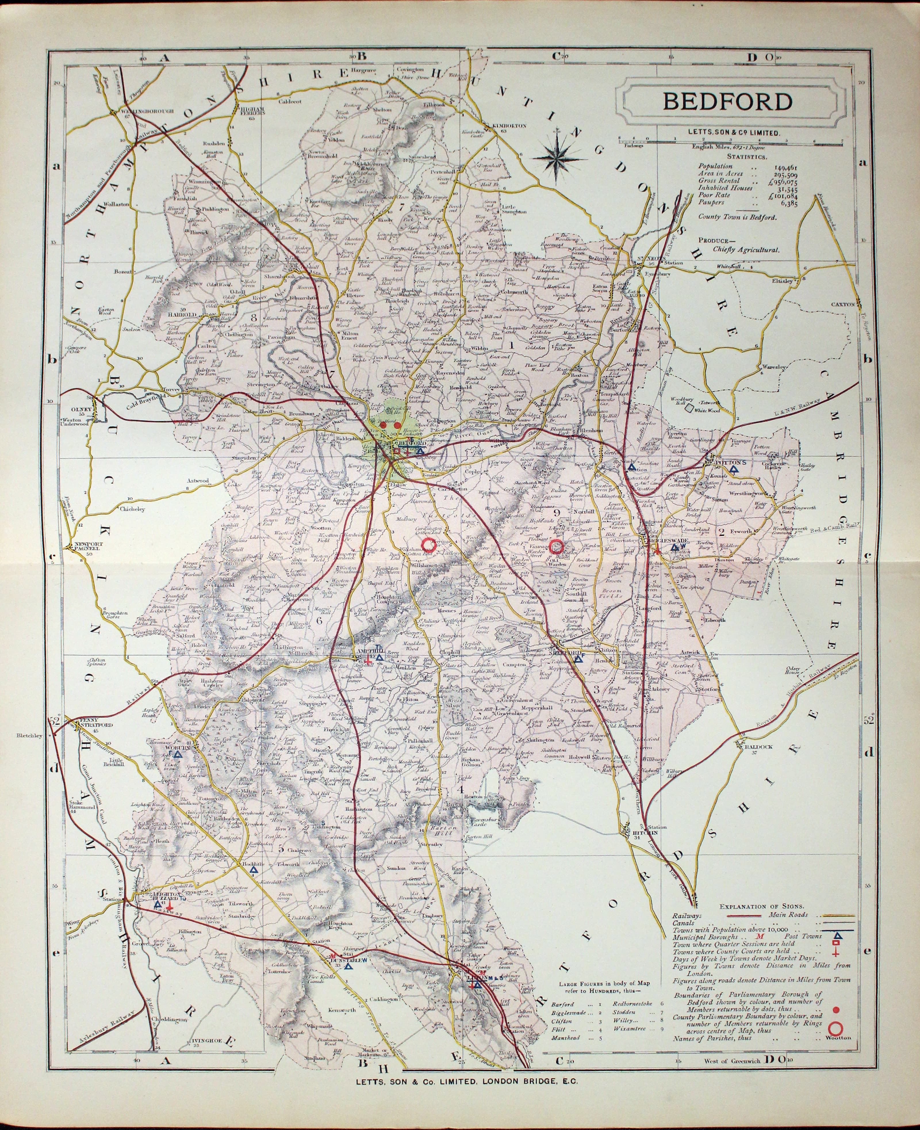 Map of Bedfordshire by Thomas Letts 1884