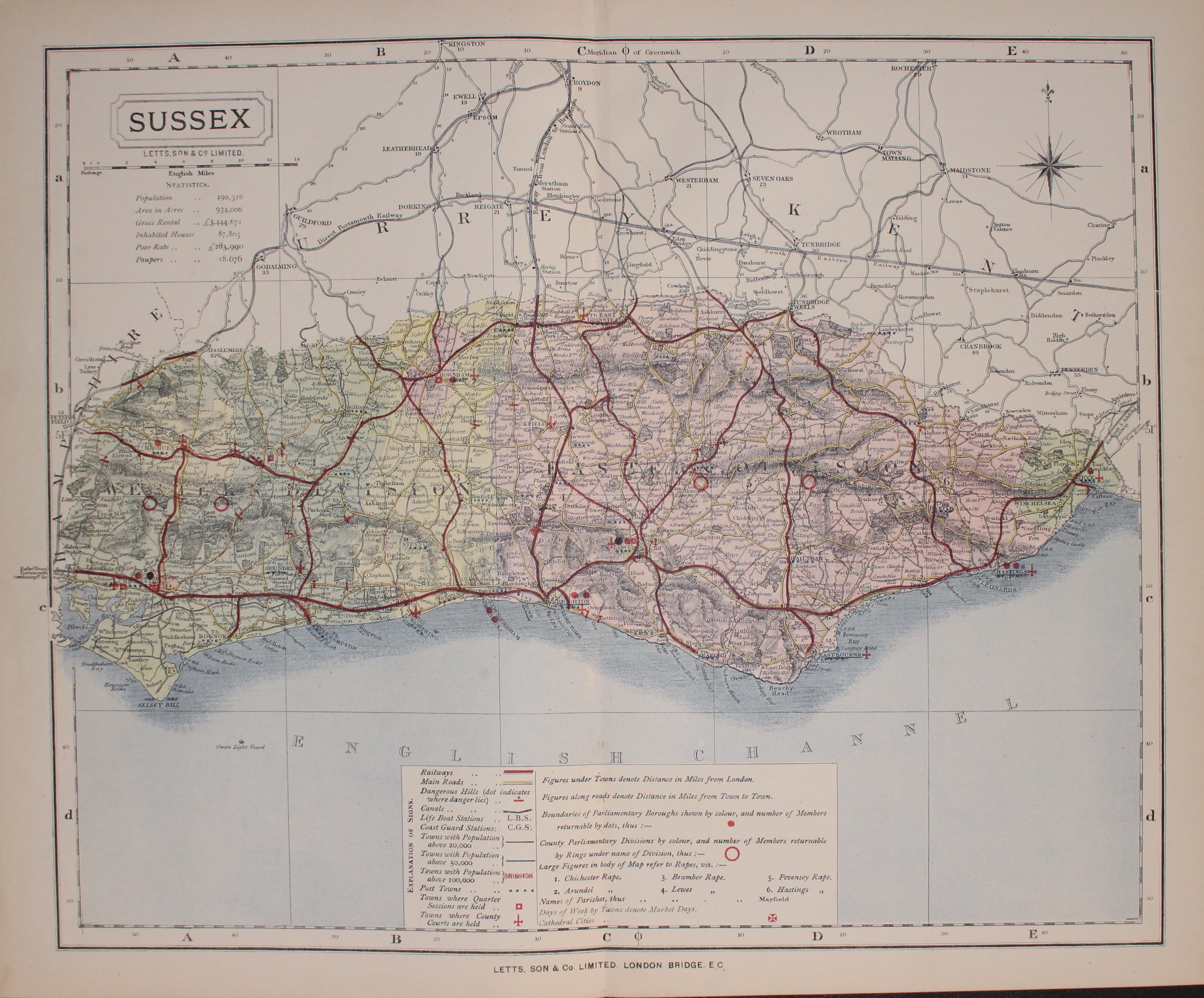 Map of Sussex by Thomas Letts 1884  Map of Sussex by Thomas Letts 1884