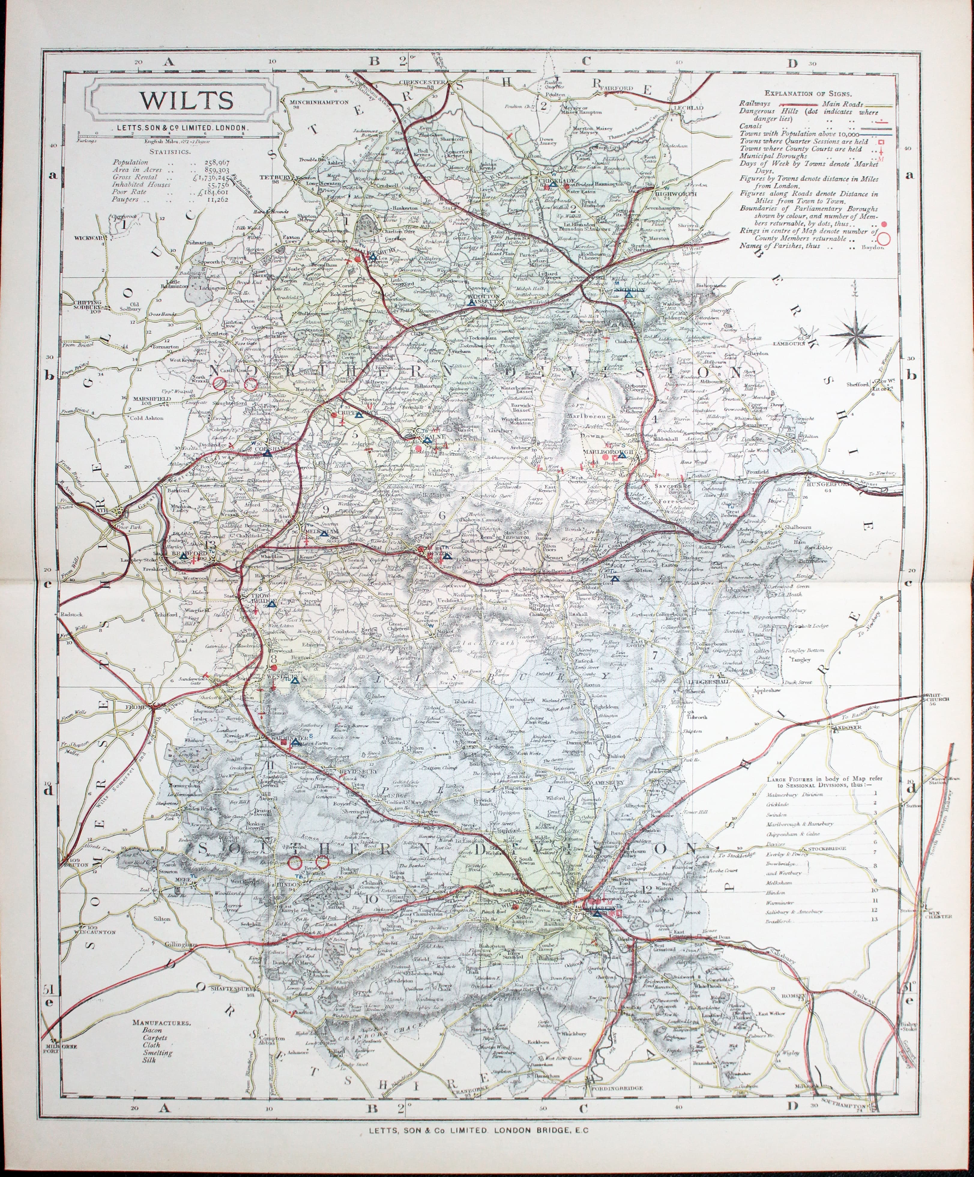 Map of Wiltshire, Thomas Letts 1884  Map of Wiltshire, Thomas Letts 1884