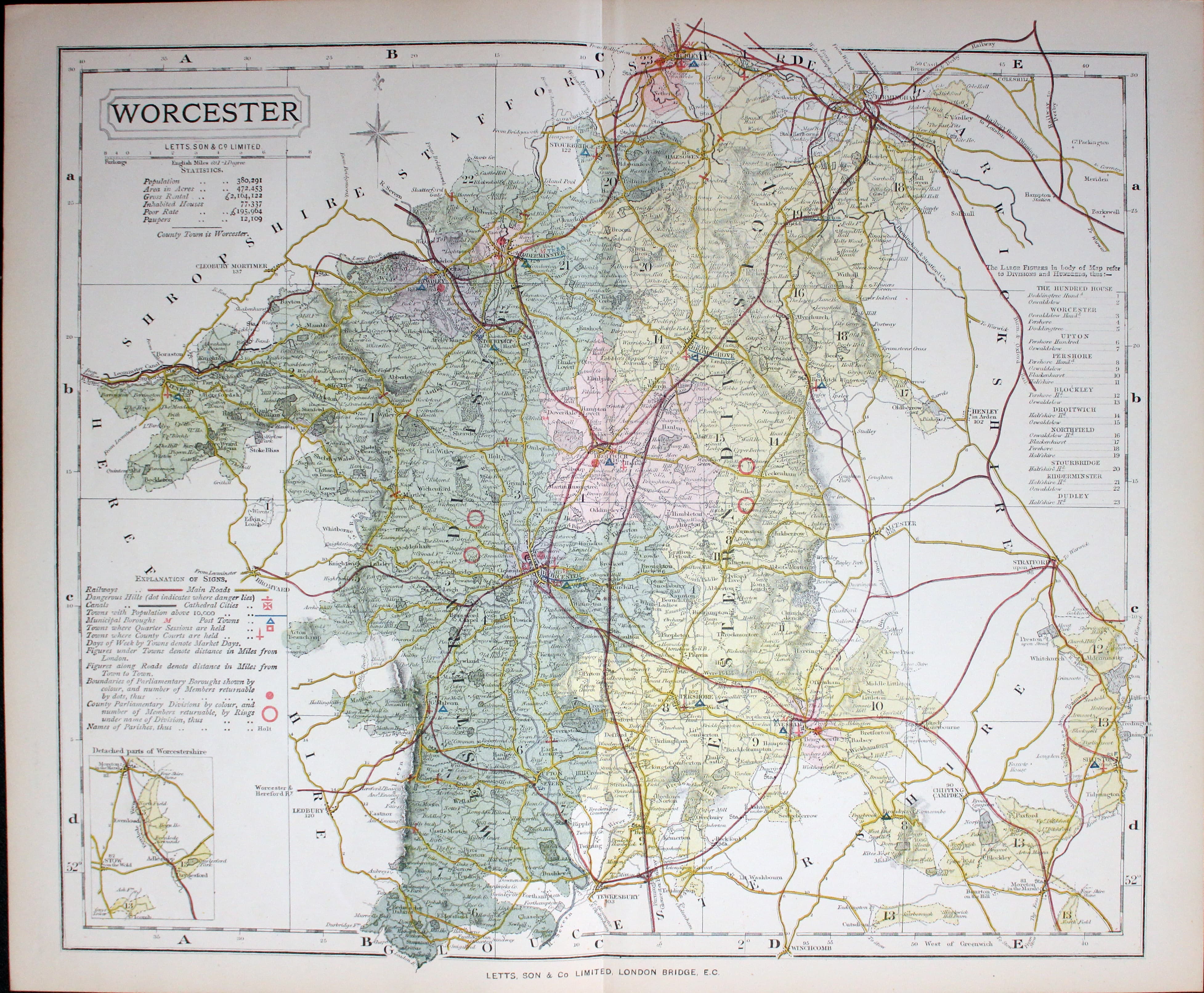 Map of Worcestershire, Thomas Letts 1884  Map of Worcestershire, Thomas Letts 1884