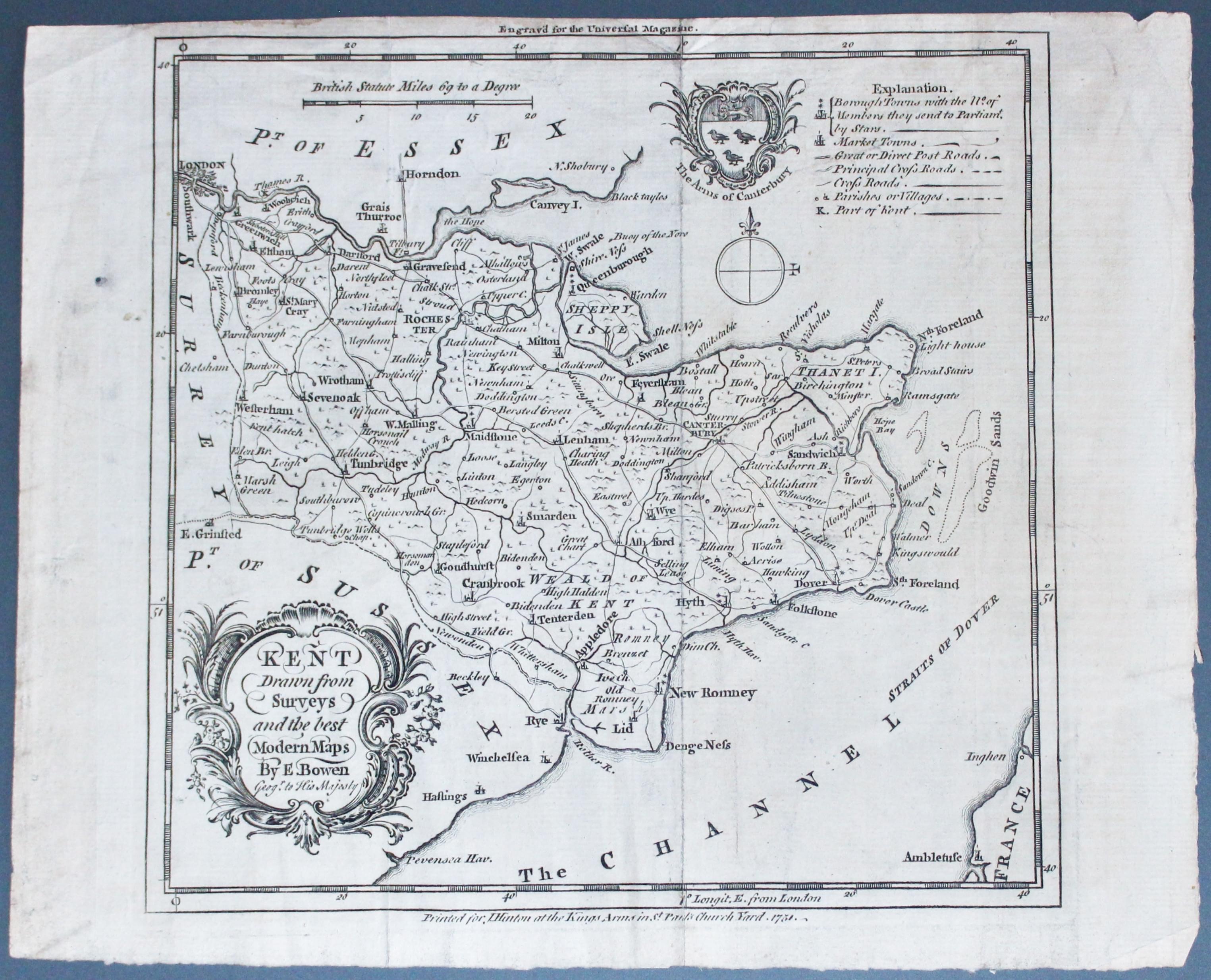 Map of Kent  by Emanuel Bowen c.1749