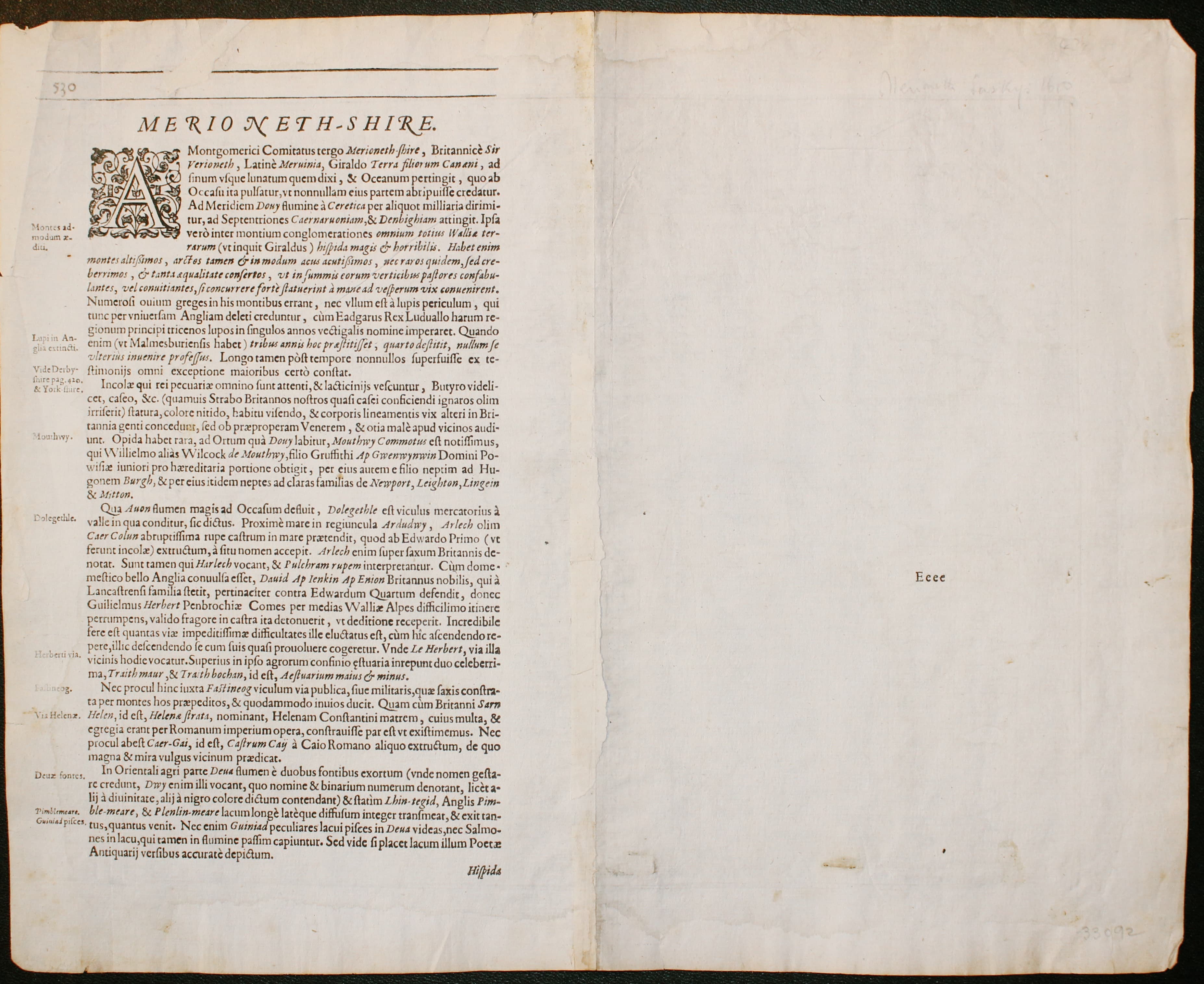 Text on verso Merionethshire. Christopher Saxton / William Kip c.1637