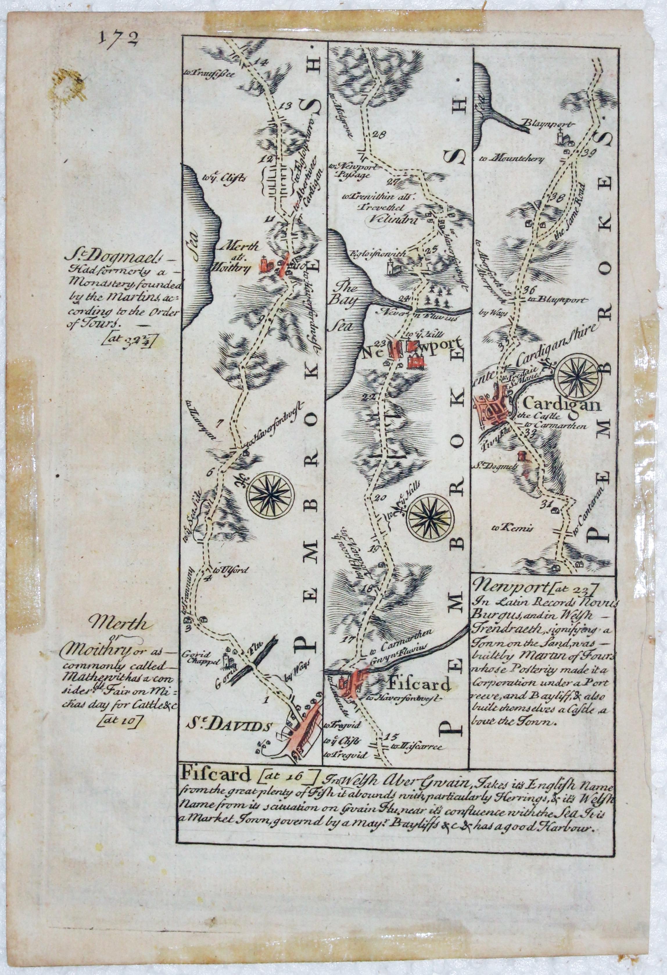 Road map from St. Davids to Cardigan by John Owen and Emanuel Bowen, c.1730  Road map from St. Davids to Cardigan by John Owen and Emanuel Bowen, c.1730