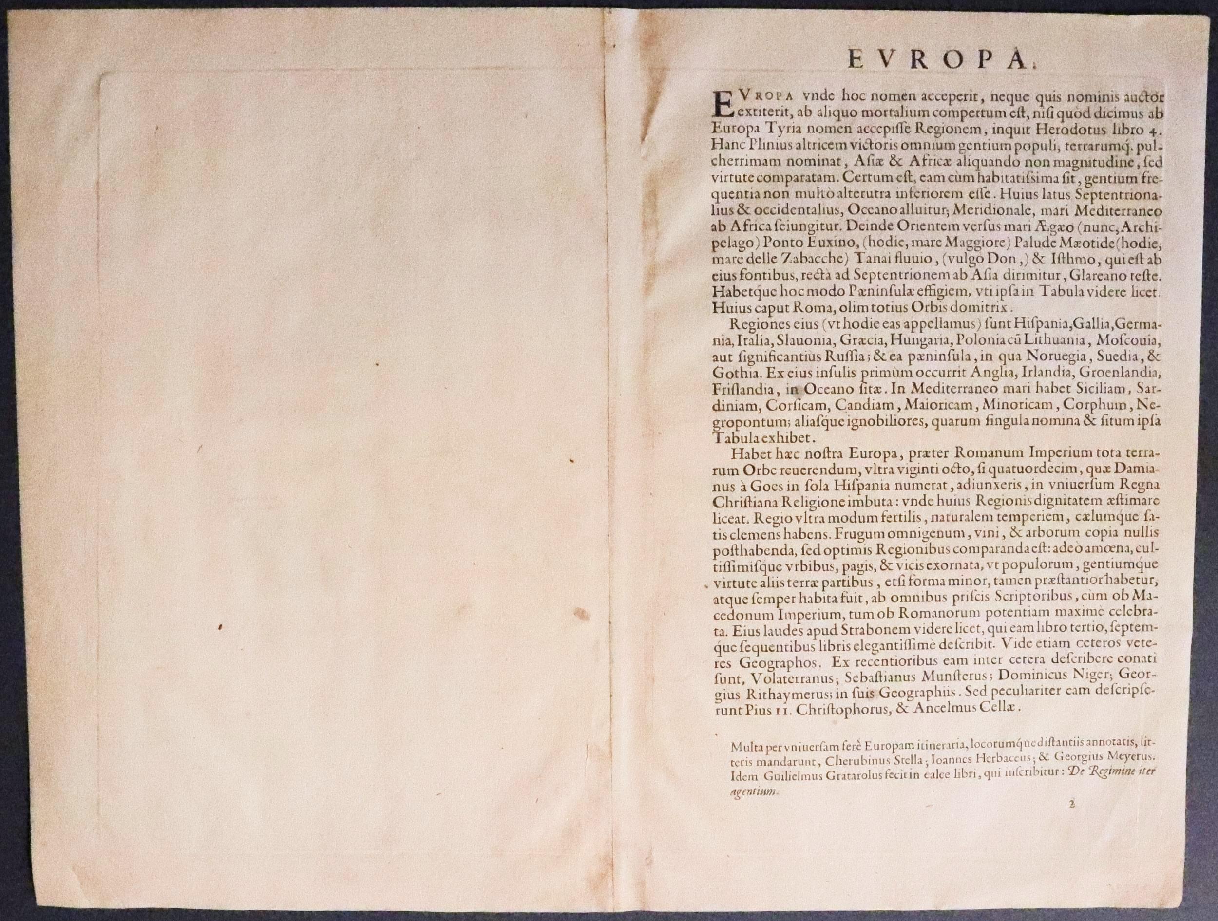 Text on vrso Europe, Abraham Ortelius, c.1620  Text on vrso Europe, Abraham Ortelius, c.1620