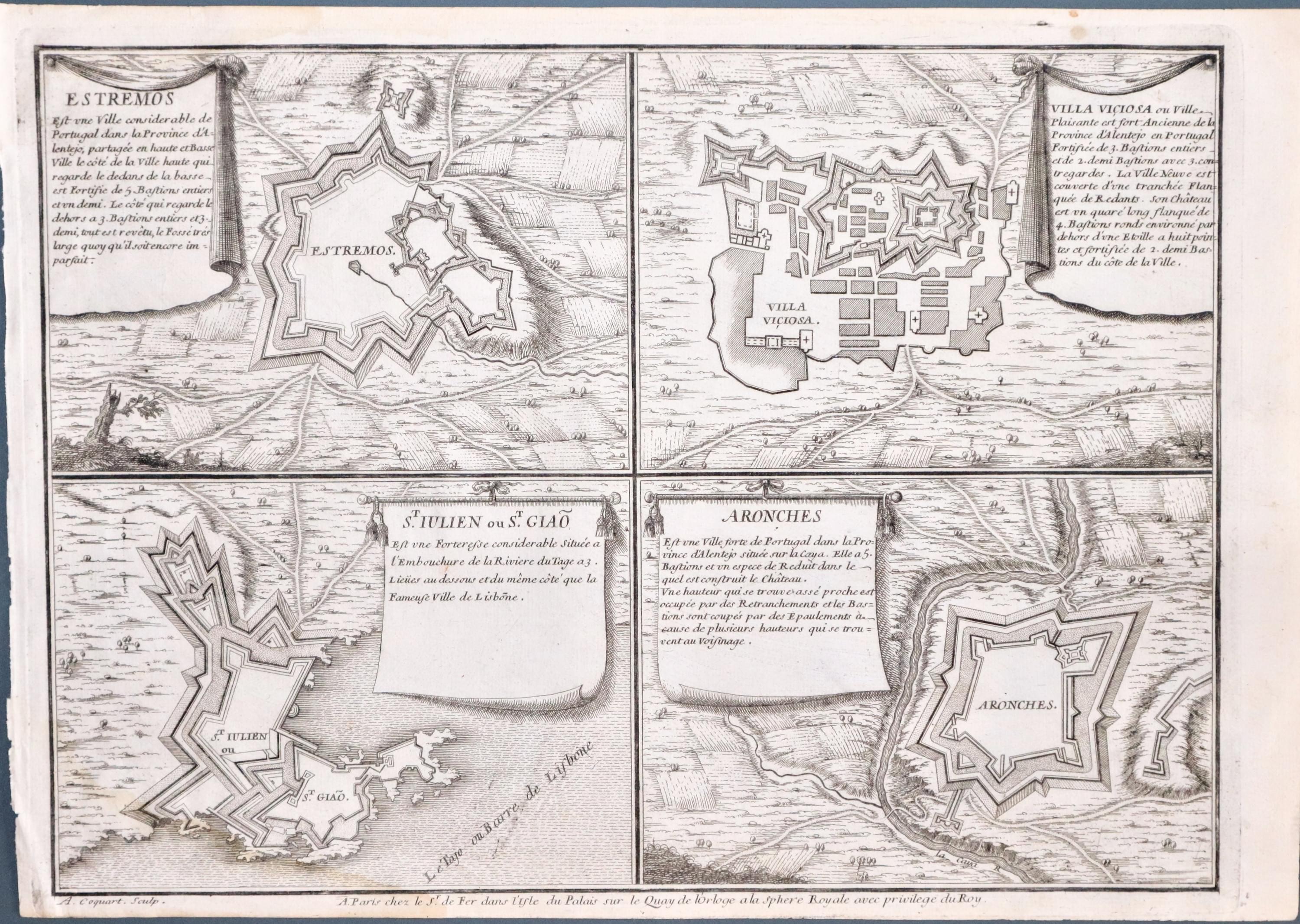 Extremos, Villa Viciosas, St. Julian and Aronches, Portugal by Nicolas de Fer 1705  Extremos, Villa Viciosas, St. Julian and Aronches, Portugal by Nicolas de Fer 1705