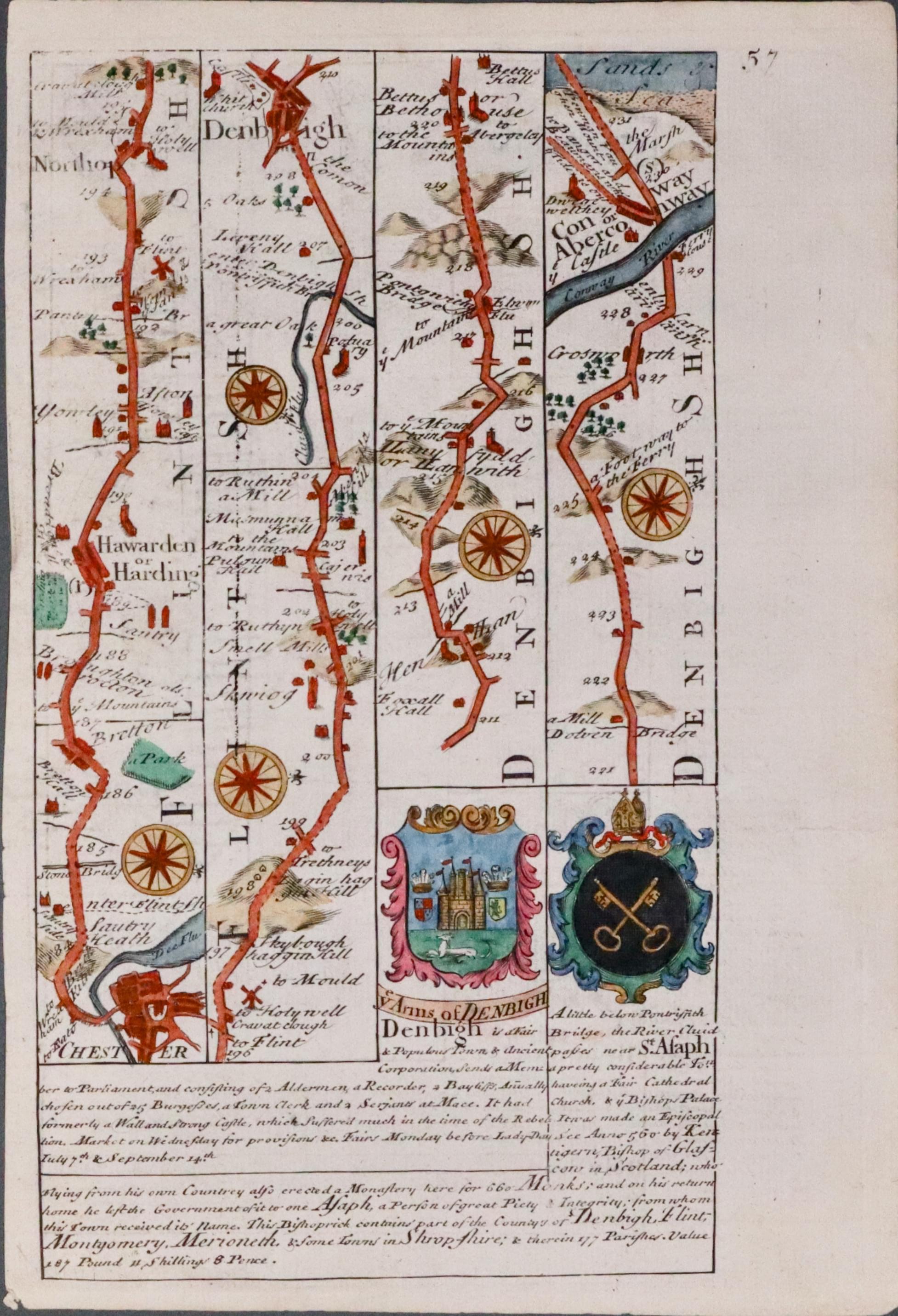 Road map Chester to Conway,Owen/Bowen c.1730