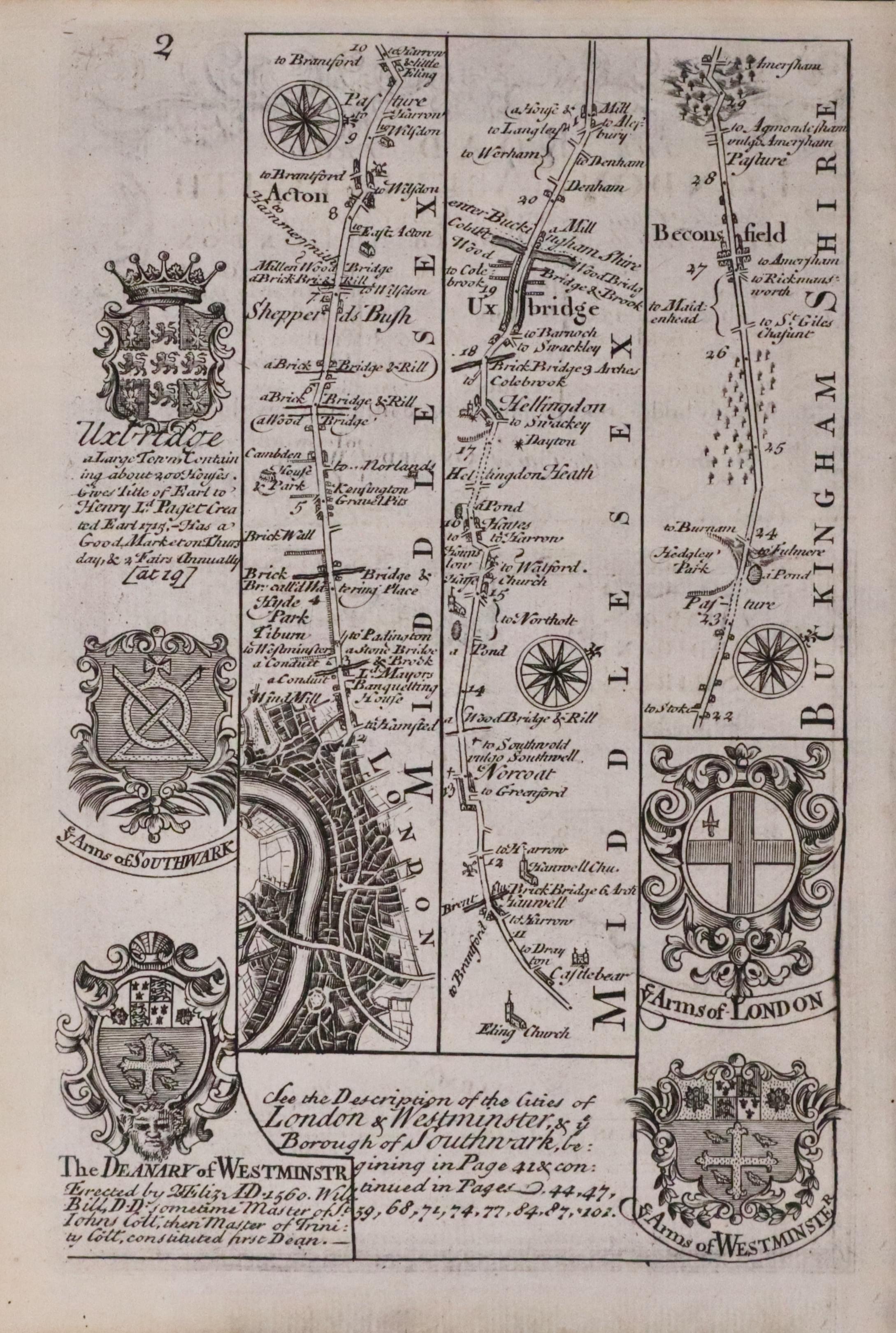 Road map London to Beaconsfield, John Owen & Emanuel Bowen c.1730