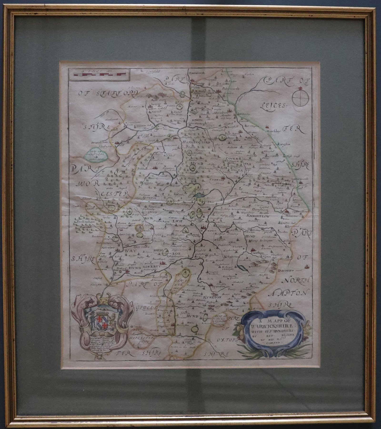 Framed map of Warwickshire by Richard Blome 1673