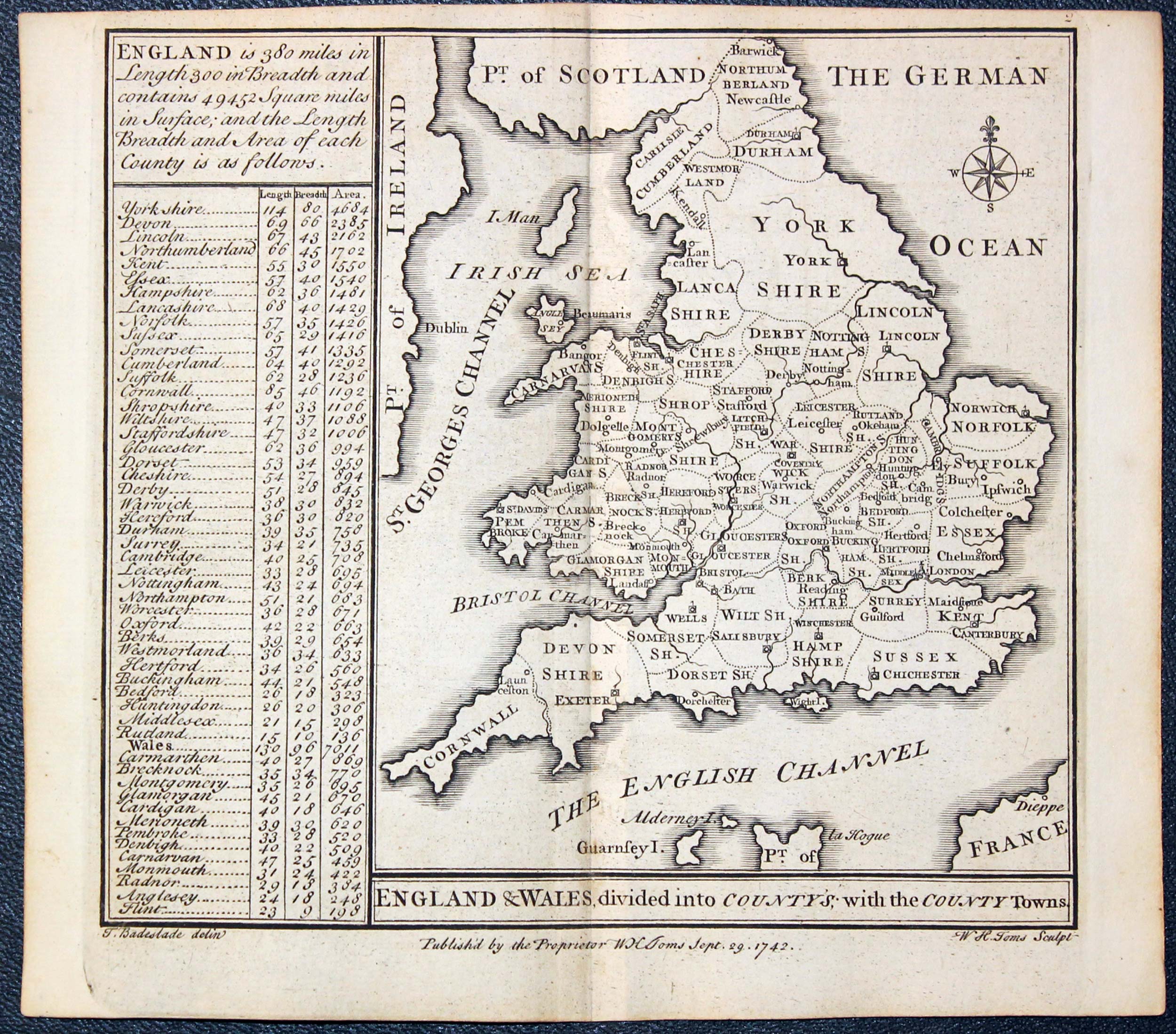 Map of England and Wales Counties, W. H. Toms and T.Badeslade 1742  Map of England and Wales Counties, W. H. Toms and T.Badeslade 1742