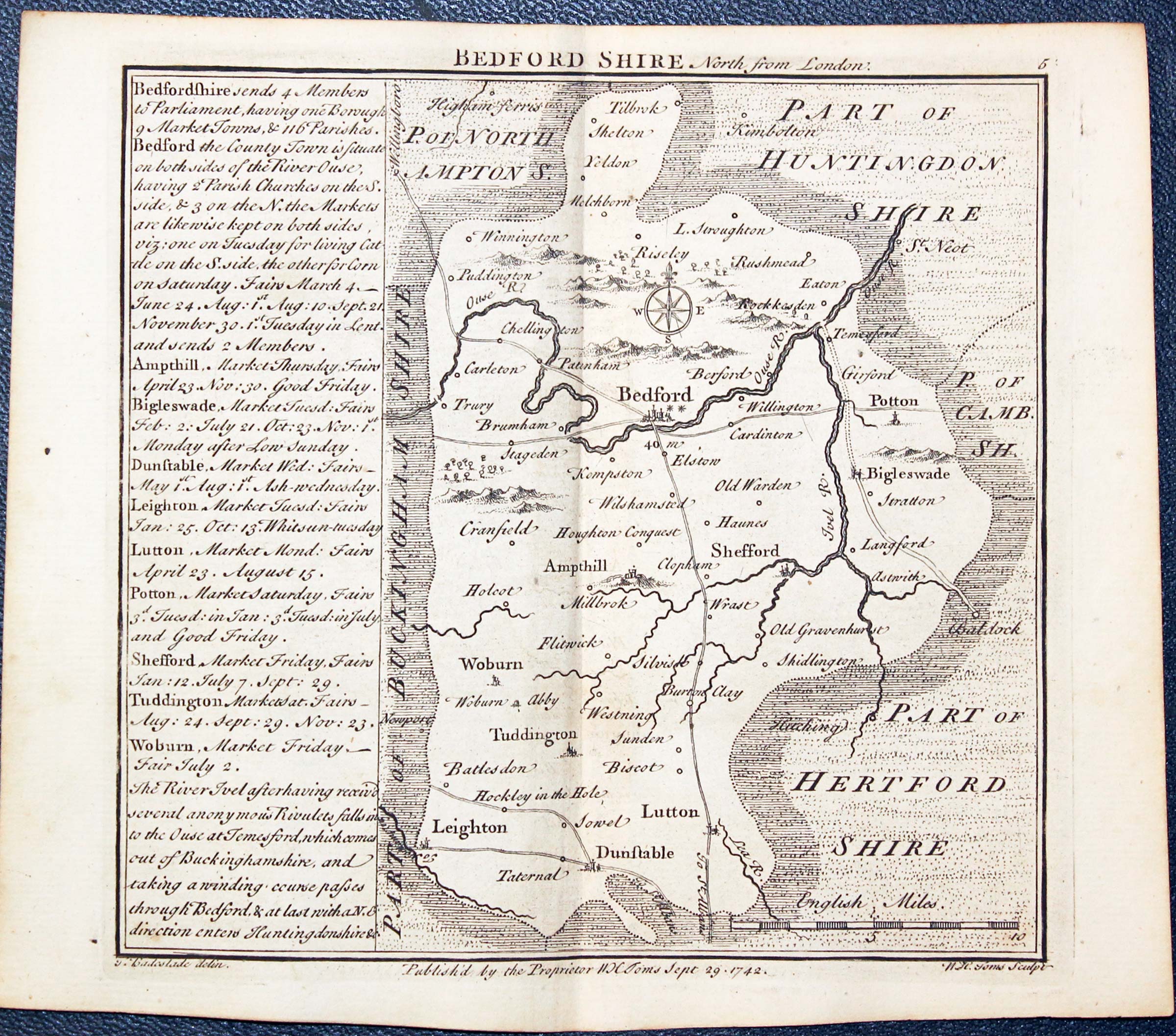 Map of Befordshire by W. H. Toms and T.Badeslade 1742  Map of Befordshire by W. H. Toms and T.Badeslade 1742