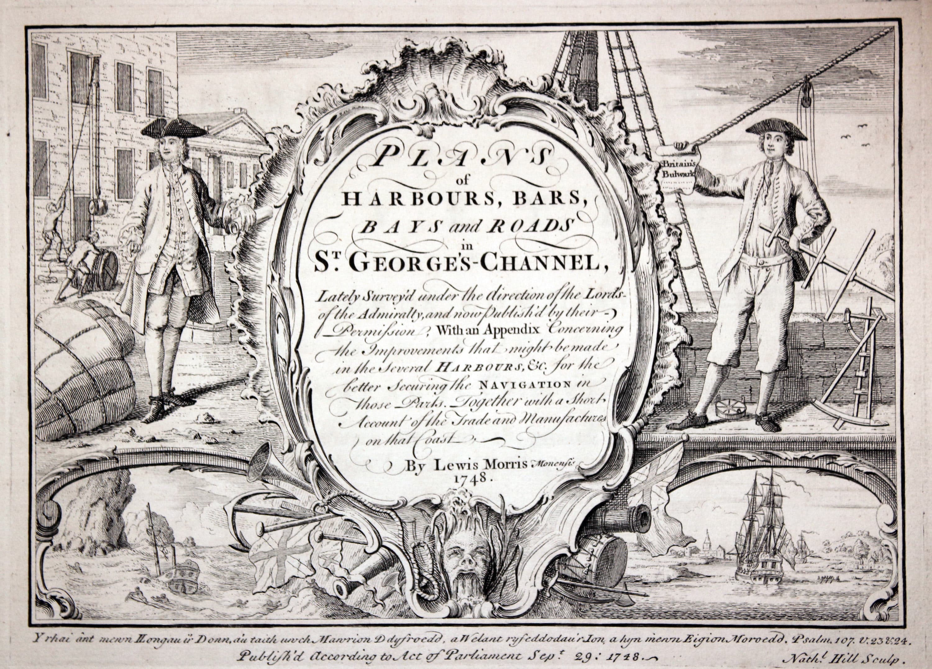 Pictorial frontispiece to Lewis Morris Charts of Wales dated 1748