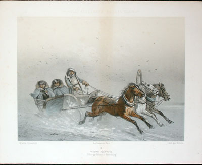 Three horse sledge - Lithograph after Petr Nikolaevich Gruzinsky