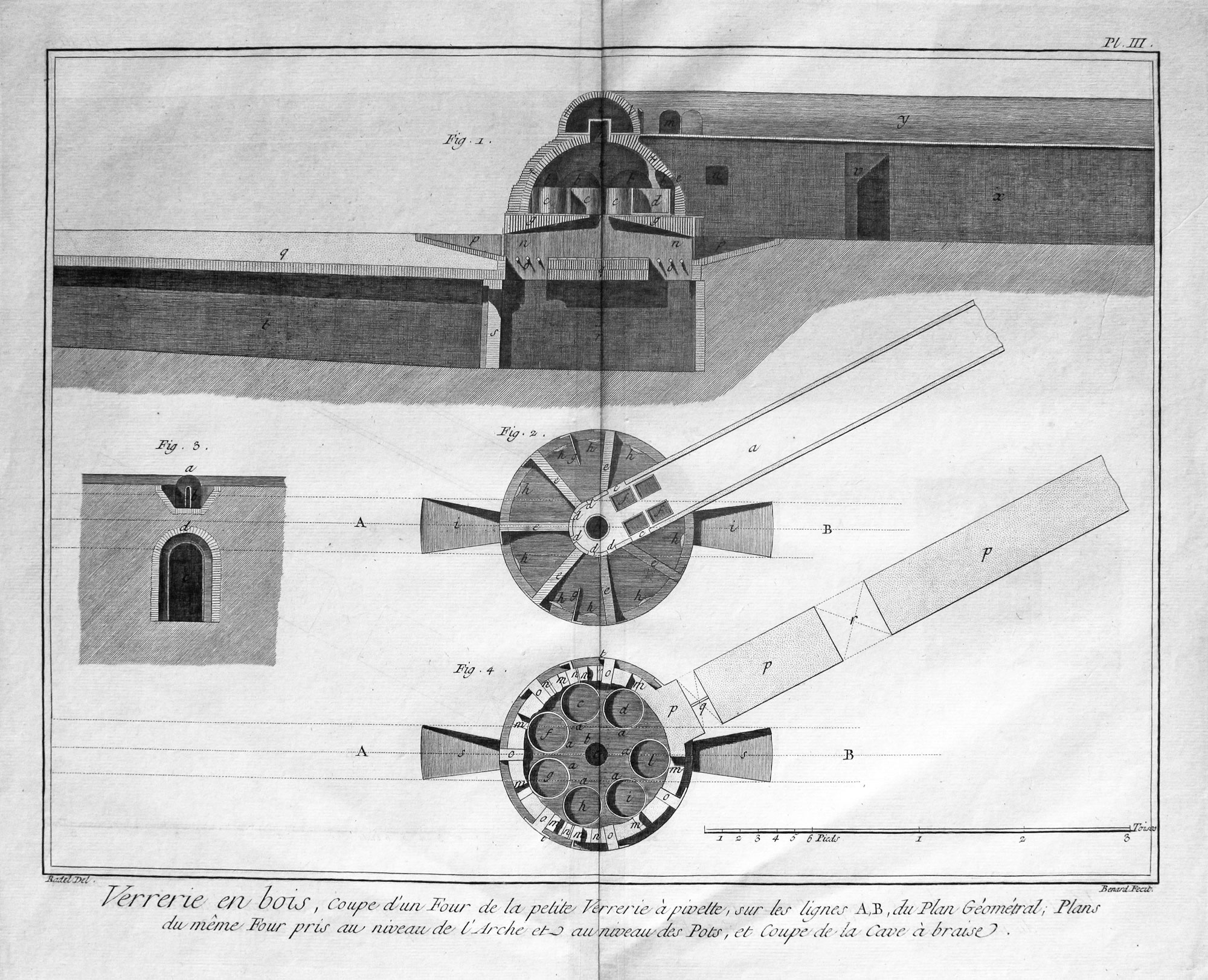 Engraving of three men withdeawing a hot pot from a glass kiln, Denis Diderot c.1755