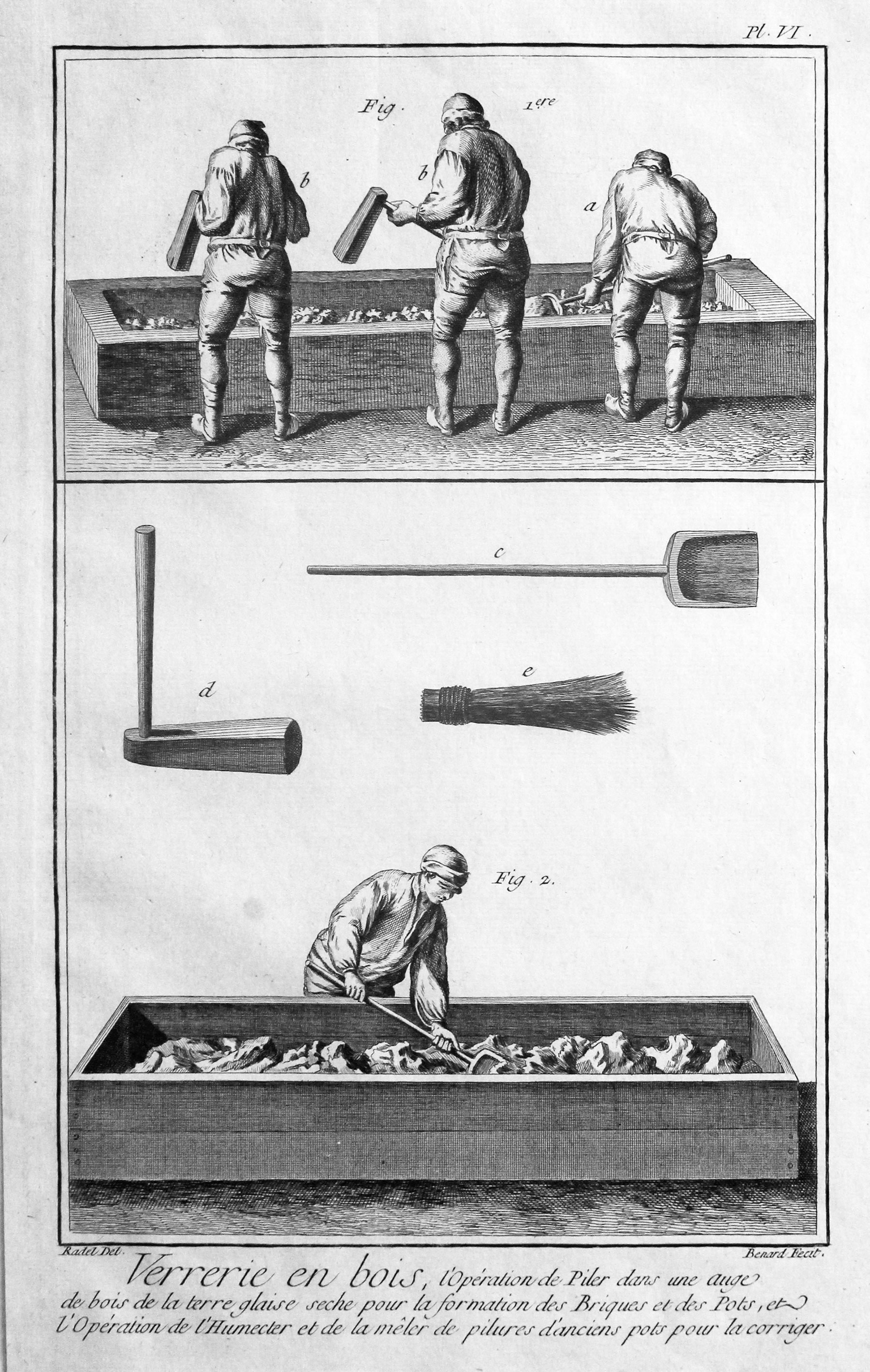 Men pulverising argil and then moistening the clay to make glass
