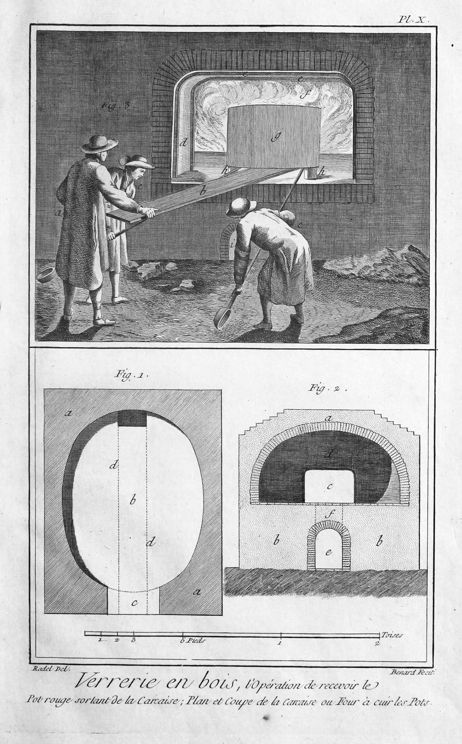 Engraving of hree men withdeawing a hot pot from a glass kiln, Denis Diderot c.1755