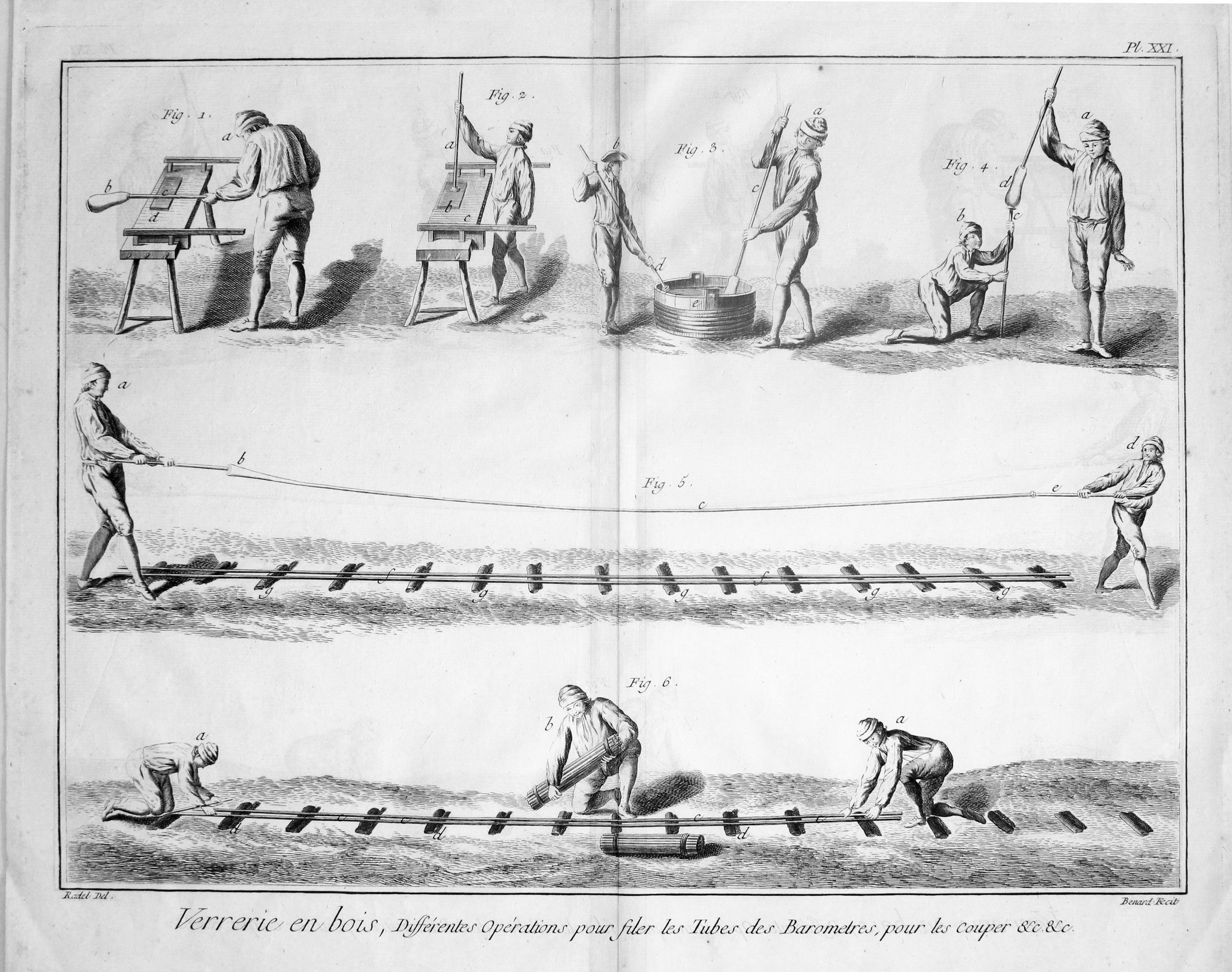 Engraving of hree men withdeawing a hot pot from a glass kiln, Denis Diderot c.1755