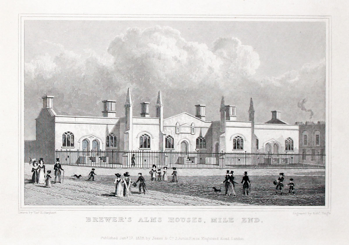 Brewer's Alms Houses, Mile End,  London by T. H. Shepherd  Brewer's Alms Houses, Mile End,  London by T. H. Shepherd