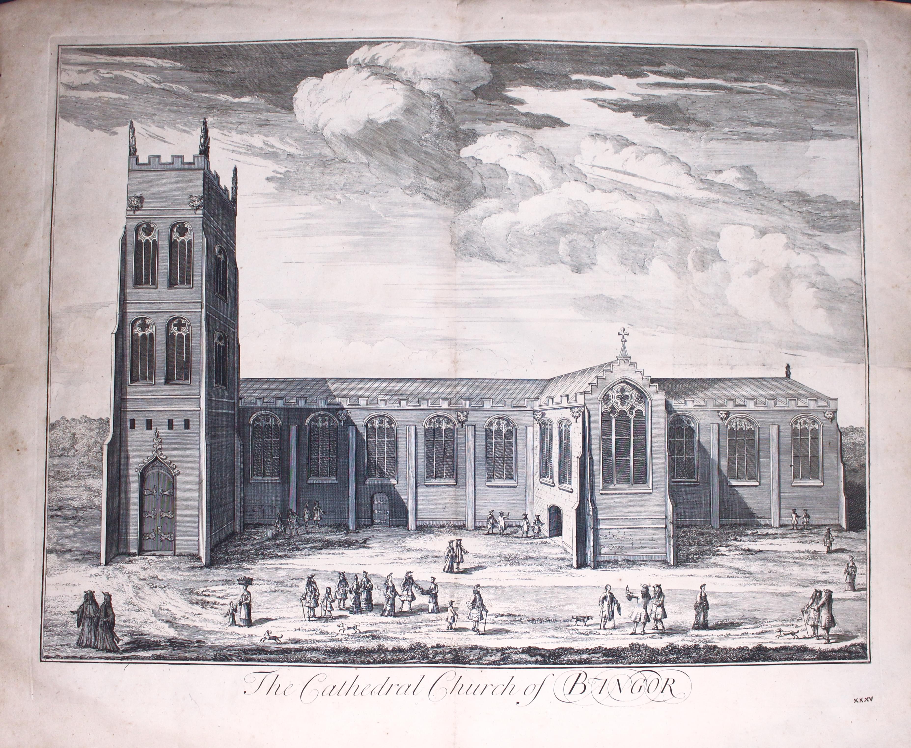Bangor Cathedral, Caernarvonshire by Jeonard Kynff c.1720  Bangor Cathedral, Caernarvonshire by Jeonard Kynff c.1720