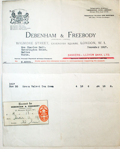  Bill from Debenham & Freebody, 1917 