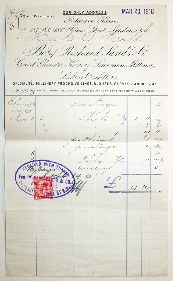 Bill from Richard Sands & Co. London 1916  Bill from Richard Sands & Co. London 1916