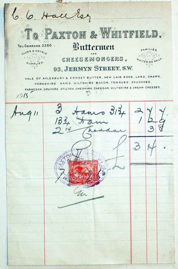 Bill from Paxton & Whitfield, London 1915  Bill from Paxton & Whitfield, London 1915