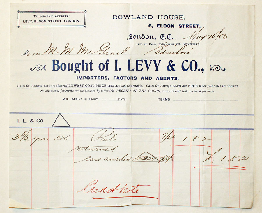 Bill from I. Levy & Co., London 1903  Bill from I. Levy & Co., London 1903