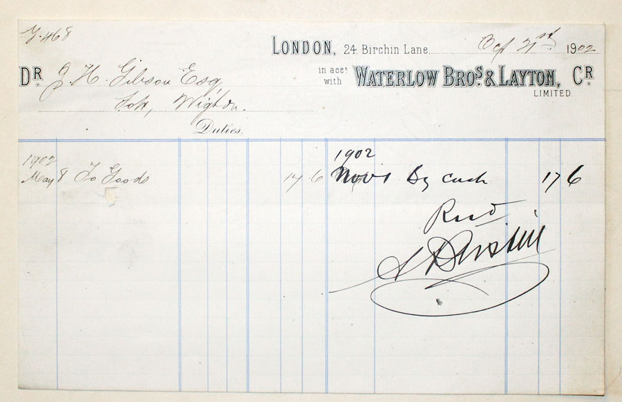 Bill from Waterloo Bros. & Layton Limited, London 1902  Bill from Waterloo Bros. & Layton Limited, London 1902