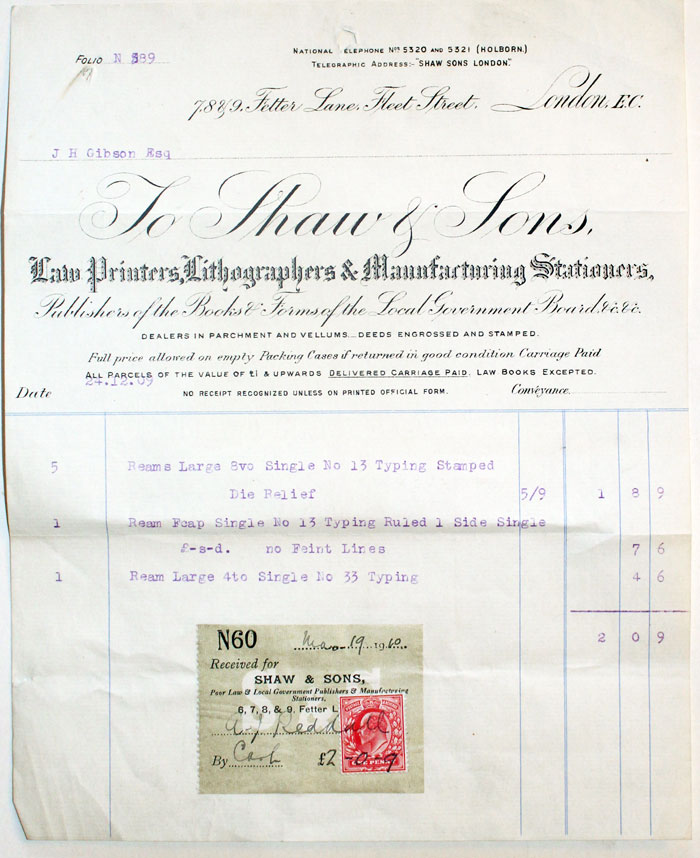 Bill from Shaw & Sons, London 1909  Bill from Shaw & Sons, London 1909