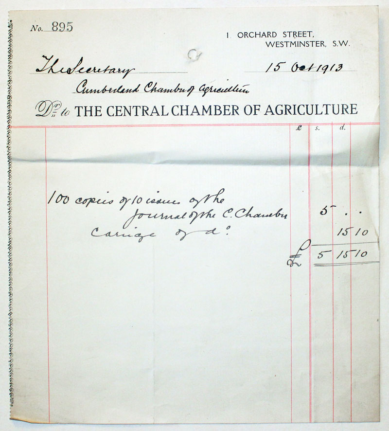 Bill from The Central Chamber of Agriculture, 1913  Bill from The Central Chamber of Agriculture, 1913