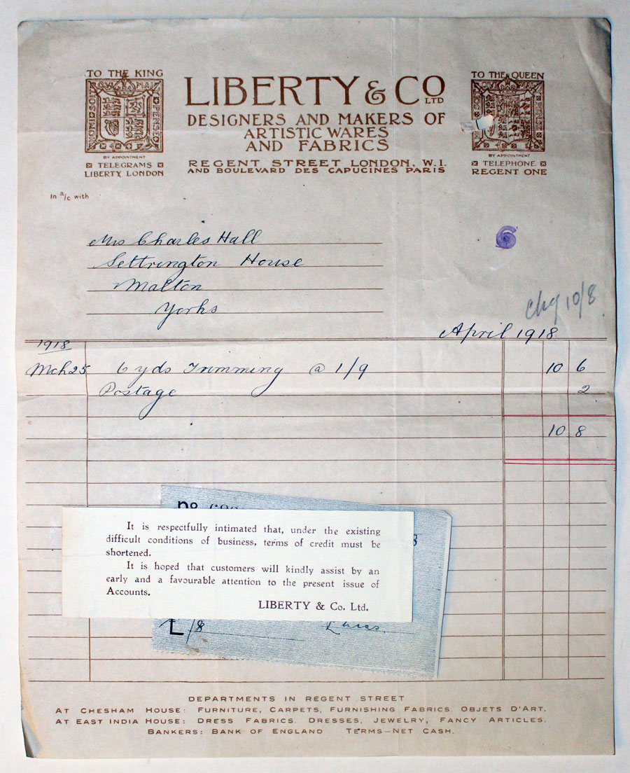 Bill from Liberty & Co. 1918  Bill from Liberty & Co. 1918
