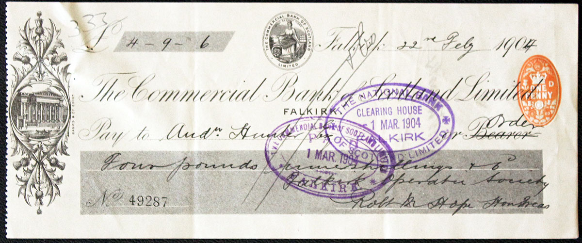 Commercial Bank of Scotland Falkirk Cheque  Commercial Bank of Scotland Falkirk Cheque