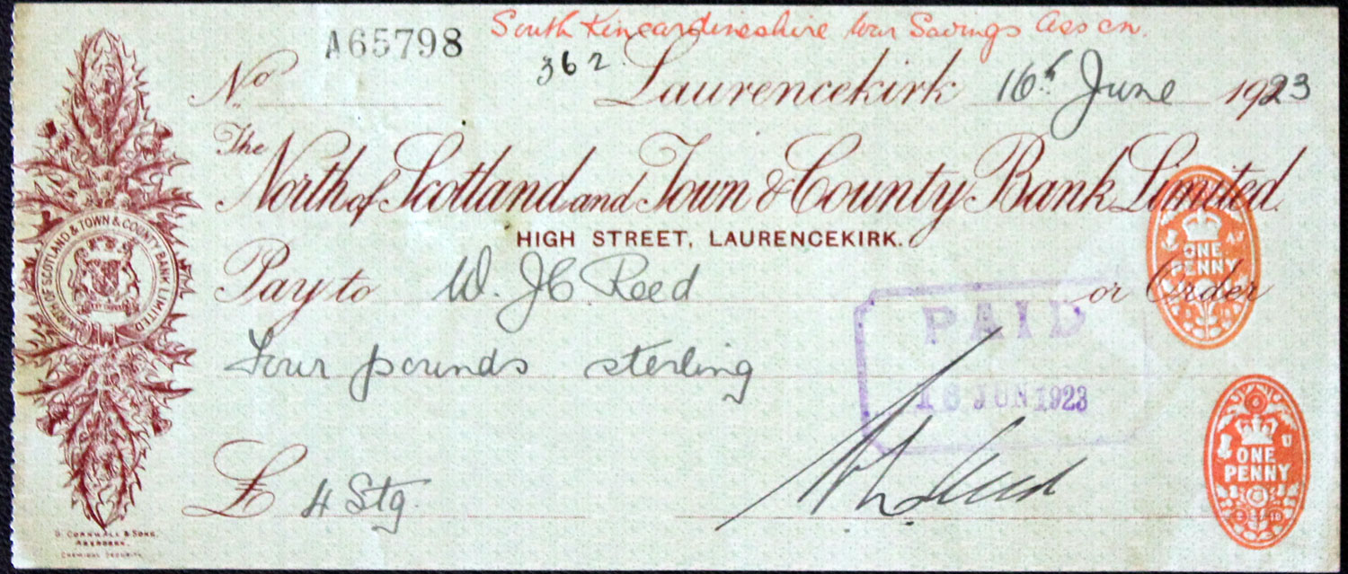 The North of Scotland and Town & County Bank Limited High Street, Laurencekirk cheque  The North of Scotland and Town & County Bank Limited High Street, Laurencekirk cheque