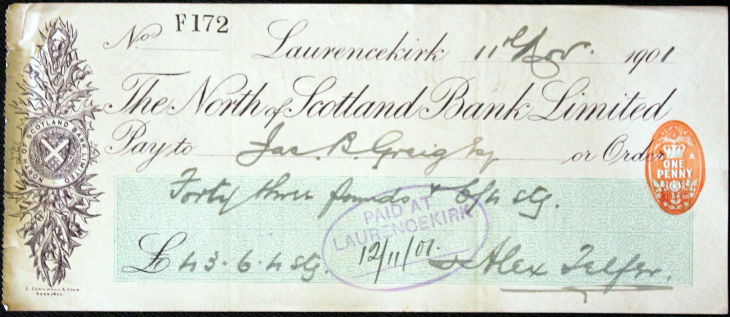 The North of Scotland Bank Limited Laurencekirk cheque  The North of Scotland Bank Limited Laurencekirk cheque