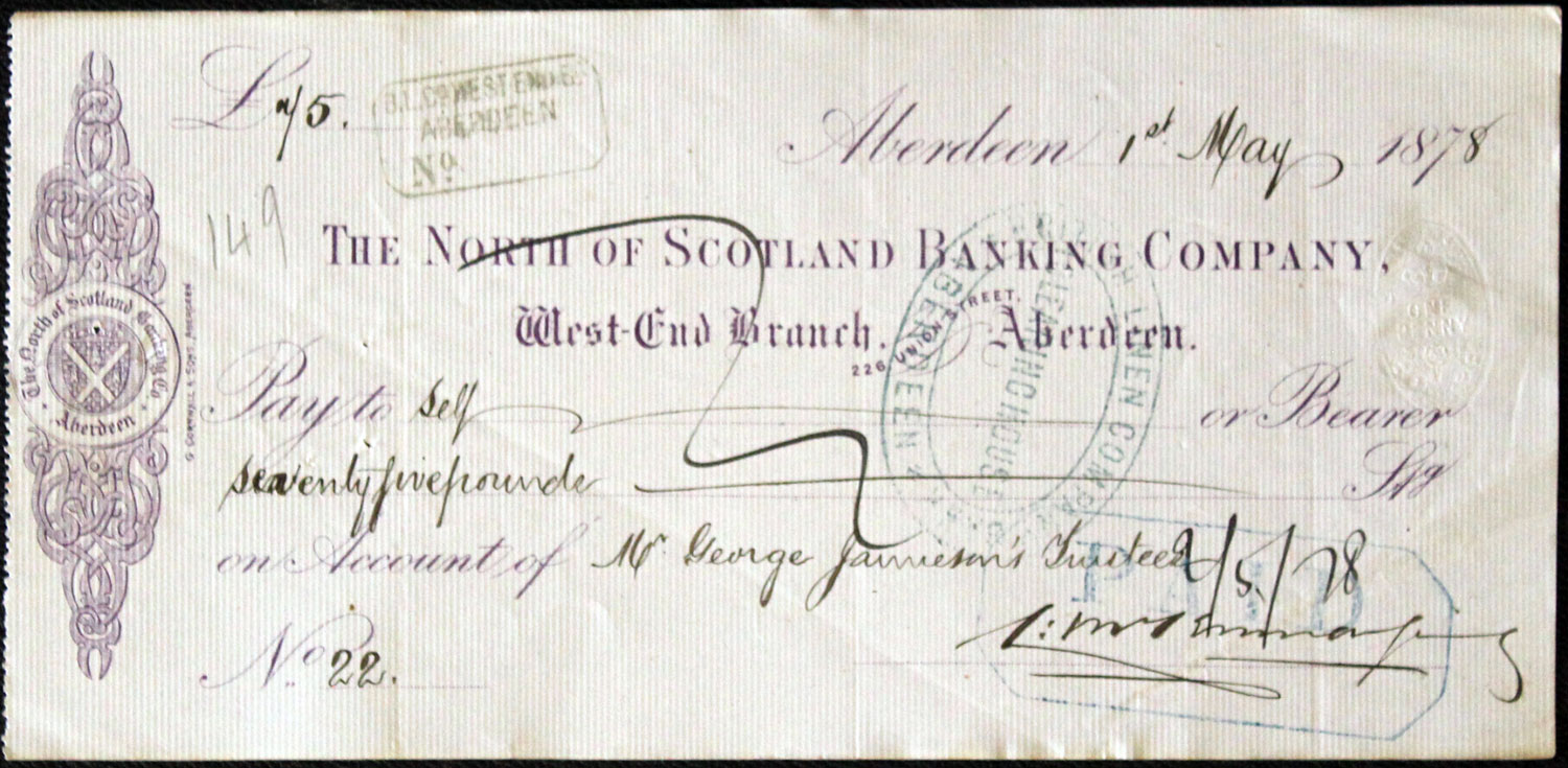 The North of Scotland Banking Company West End Branch, Aberdeen cheque  The North of Scotland Banking Company West End Branch, Aberdeen cheque