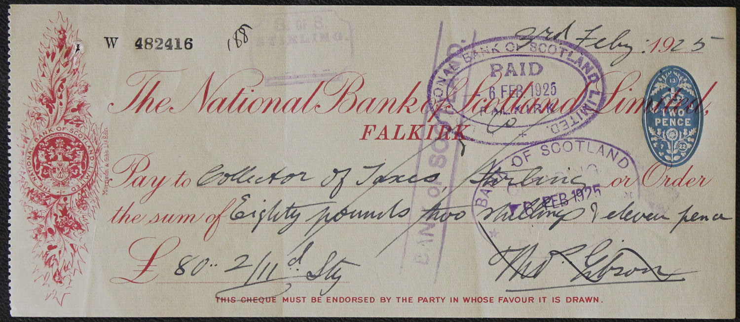 The National Bank of Scotland Limited Falkirk cheque  The National Bank of Scotland Limited Falkirk cheque