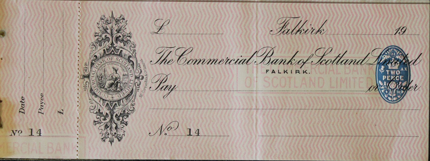 The Commercial Bank of Scotland Limited Falkirk cheque unused   The Commercial Bank of Scotland Limited Falkirk cheque unused